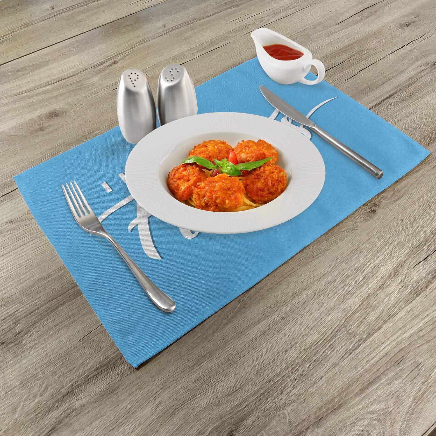 Ambesonne 4-Piece Fitness Themed Placemats Set - Athletic Sports & Workout Lifestyle Design - Washable Fabric Table Mats for Dining - Standard Size Pale Blue & White - Perfect for Gym Enthusiasts & Healthy Dining