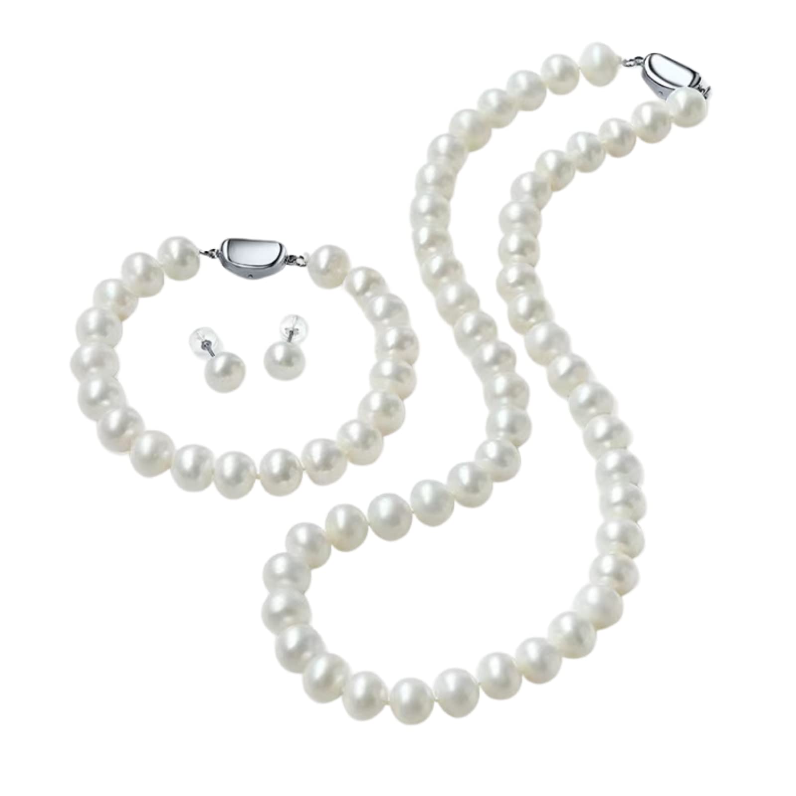 Elegant Freshwater Pearl Necklace Set with Matching Bracelet & Stud Earrings in Leather Gift Box - Perfect for Women's Birthday, Anniversary & Wedding Jewelry Gifts