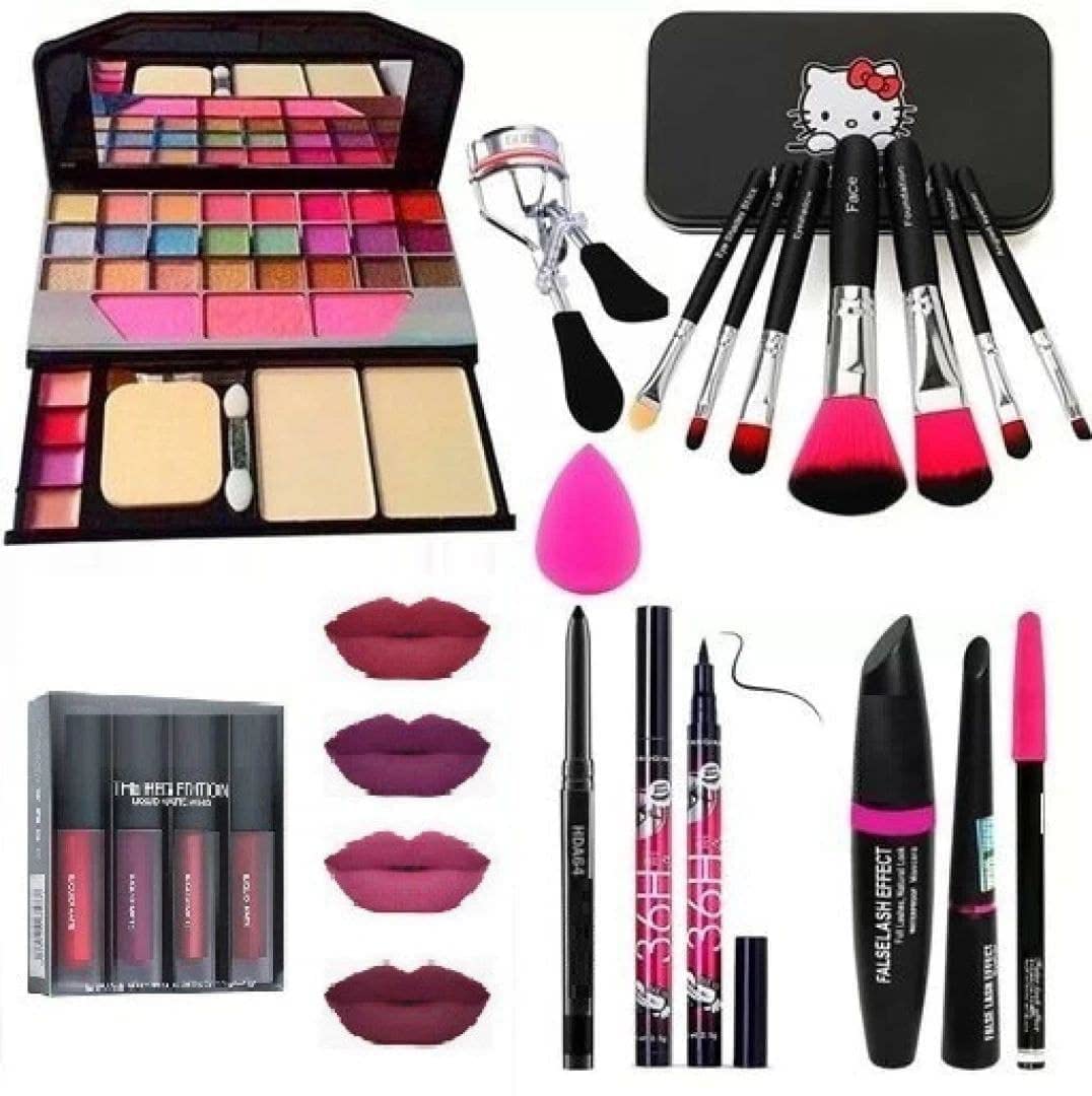 BELLAS TYA 6155 Professional Makeup Kit with 19 Pieces - 7 Black Makeup Brushes, 36H Eyeliner, Kajal, 4 Matte Lipsticks, Blender, 3-in-1 Eyeliner Mascara Kajal Pencil & Eyelash Curler | Perfect for Makeup Artists, Beginners & Everyday Beauty Routine