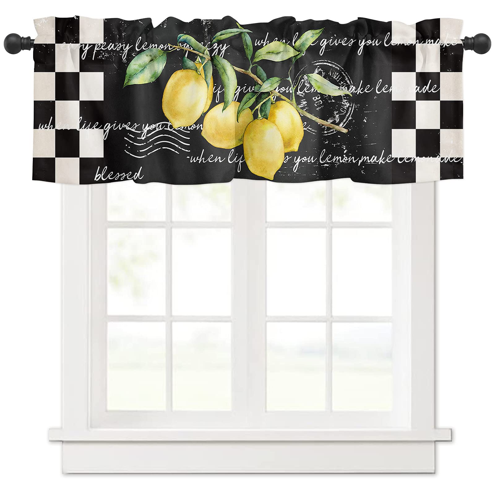 Black White Buffalo Plaid Window Valance Curtain - 54 x 18 Inch Washable Kitchen Panel Drapes for Bedroom, Living Room & Small Windows | Summer Tropical Lemon Design | Perfect for Farmhouse, Cottage & Modern Home Decor