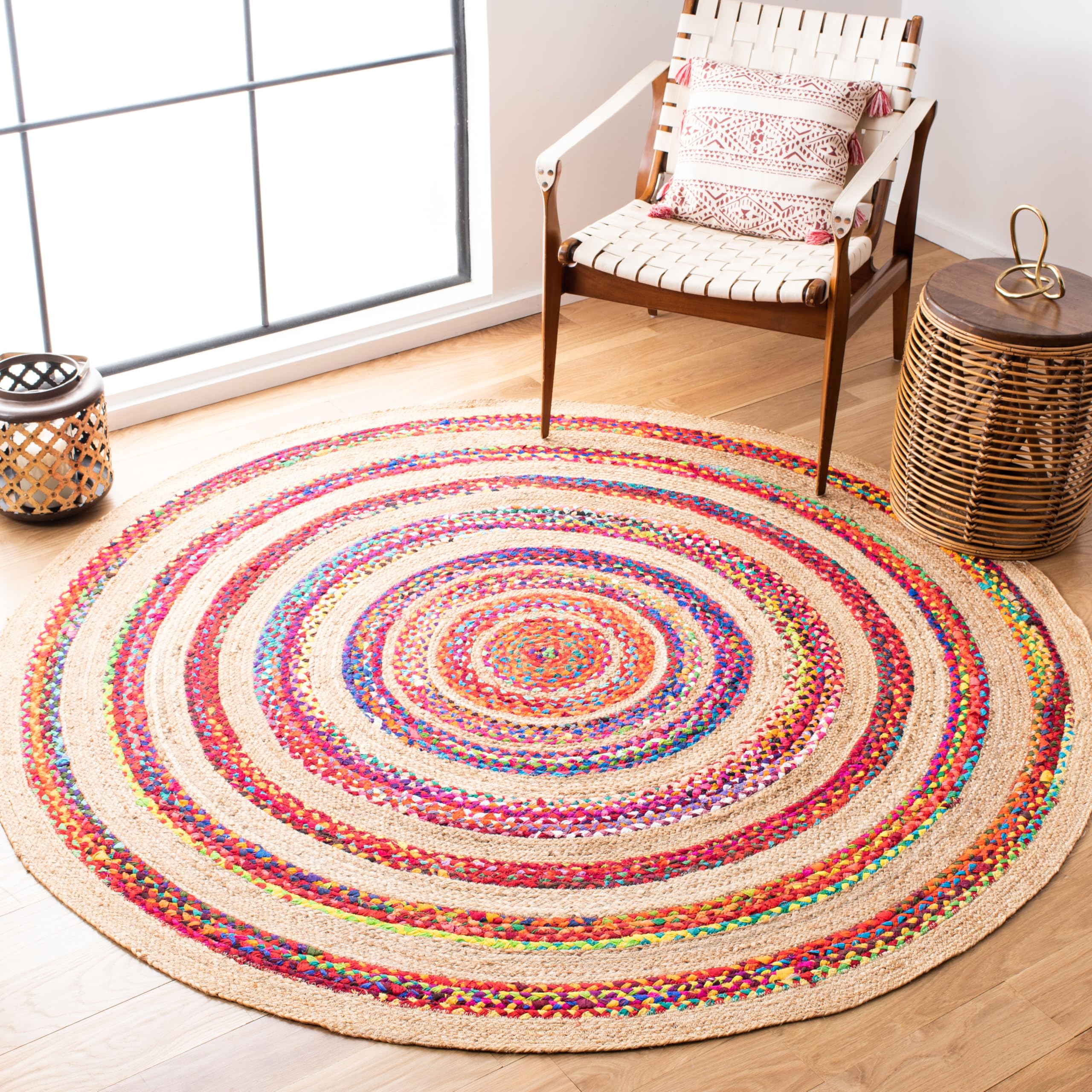 SAFAVIEH Handmade Boho Jute Area Rug 7' Round - Natural Fiber, Pink (NFB301U) for Living Room, Bedroom & Boho Decor