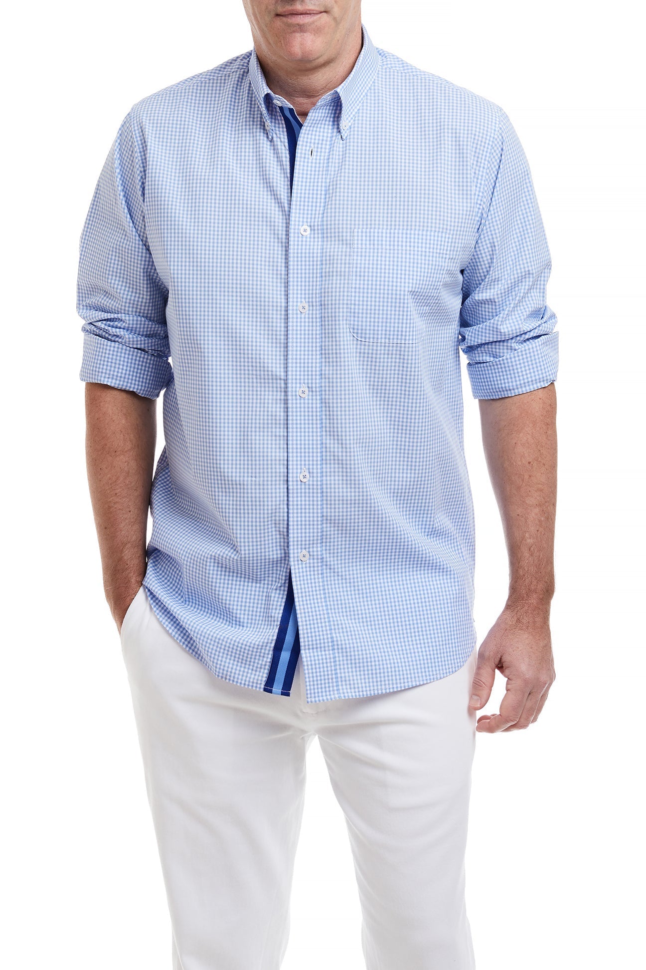 Chase Shirt - Blue Gingham Button Down Shirt with Navy & Light Blue Grosgrain Trim | Casual Wear & Office Outfit for Men