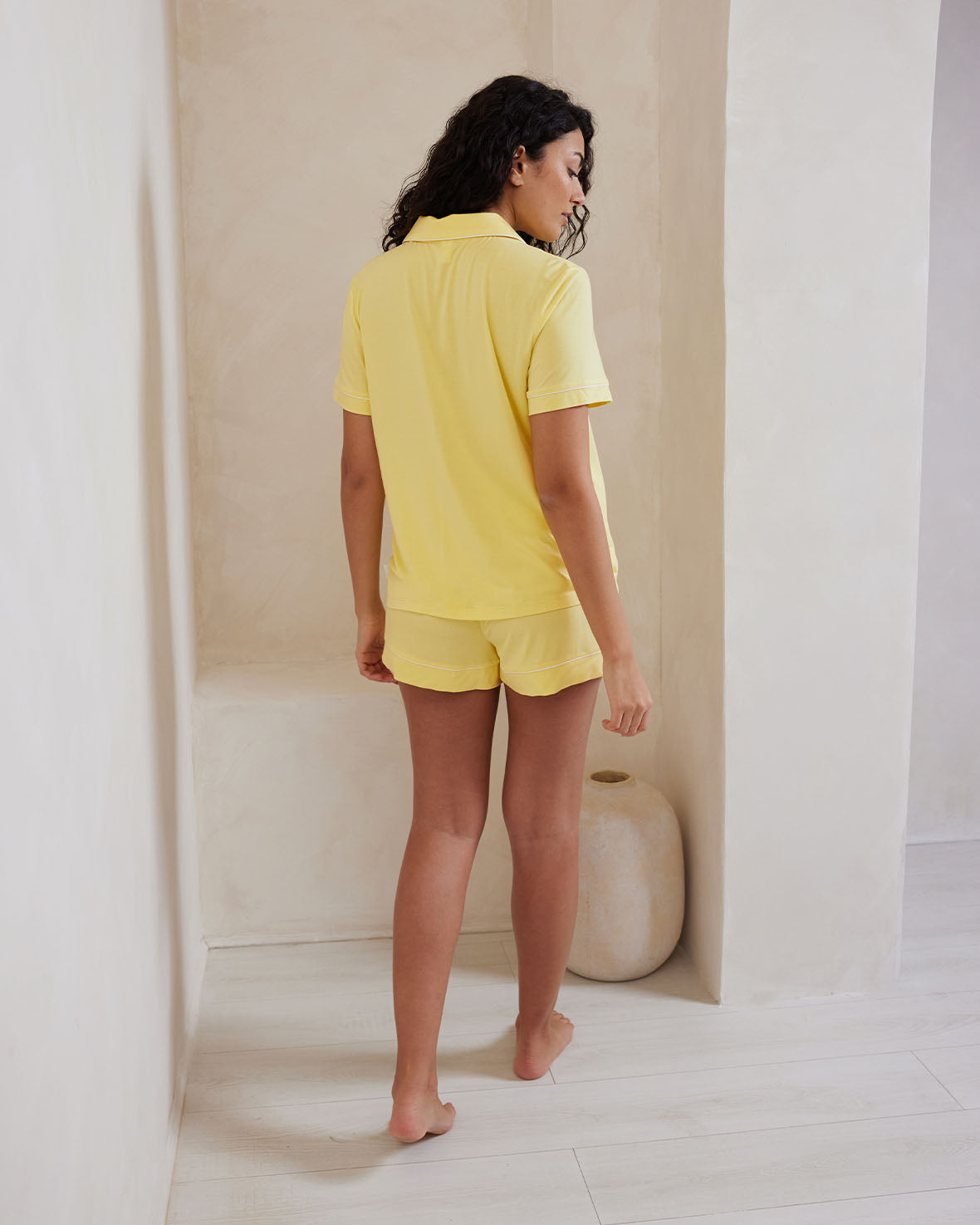 Soft & Breathable TENCEL™ Modal Short Sleeve Button-Up Pajama Set for Women - Light Yellow | Comfortable Sleepwear for Summer Nights & Lounge Wear at Home