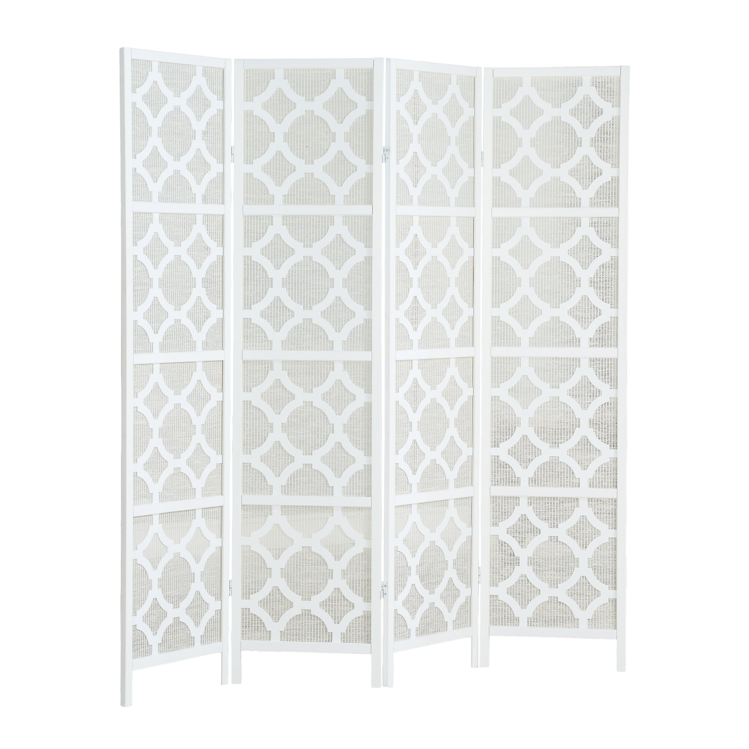Roundhill Furniture Quarterfoil Diamond Design 4-Panel Room Divider Screen - White Home Decor for Living Room, Bedroom & Office Partition