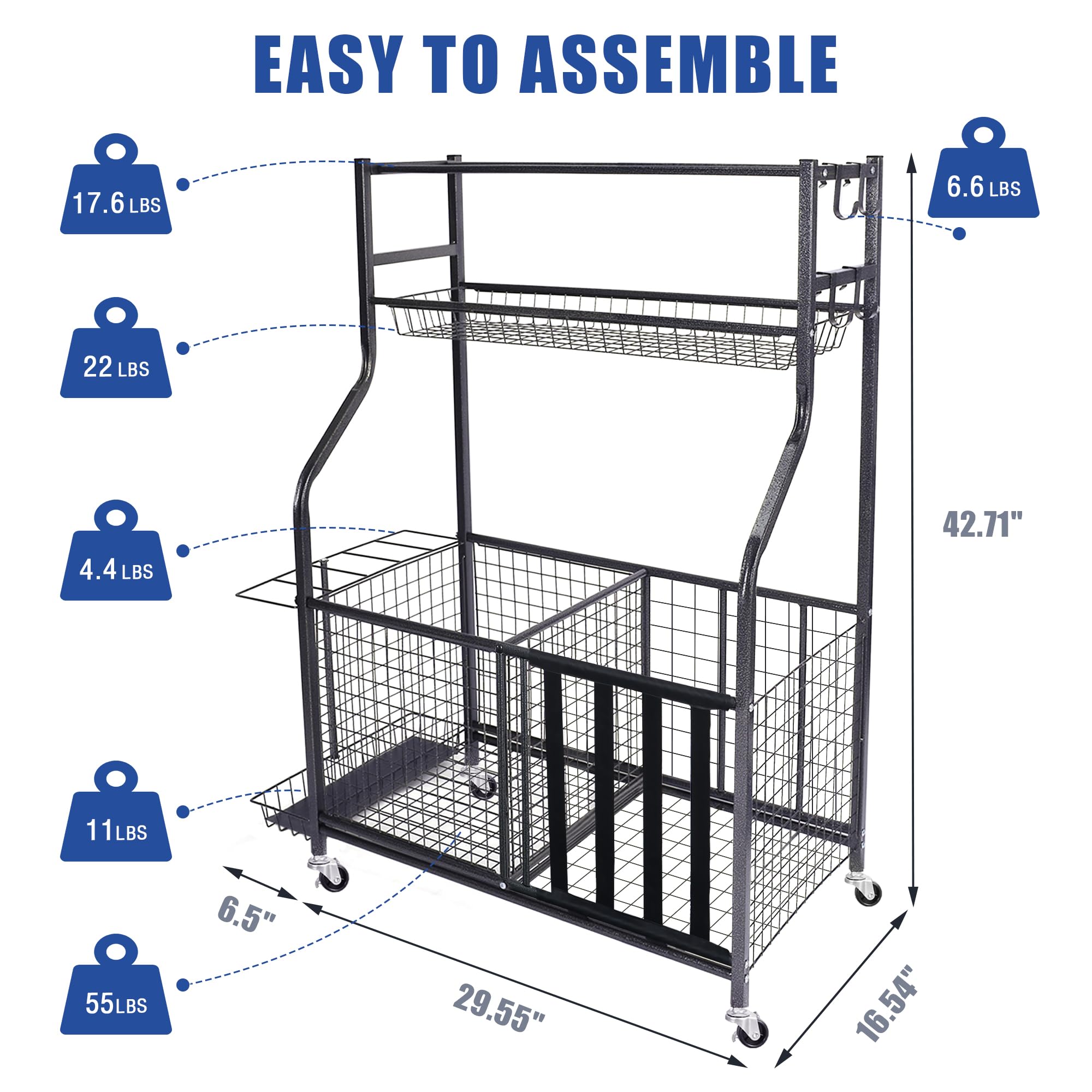 Mythinglogic Rolling Sports Ball Storage Cart - Lockable Ball Organizer with Elastic Straps, Baskets & Hooks | Garage Storage System for Basketballs, Soccer Balls & Sports Equipment | Perfect for Home Gym, Playroom & Sports Facility Organization