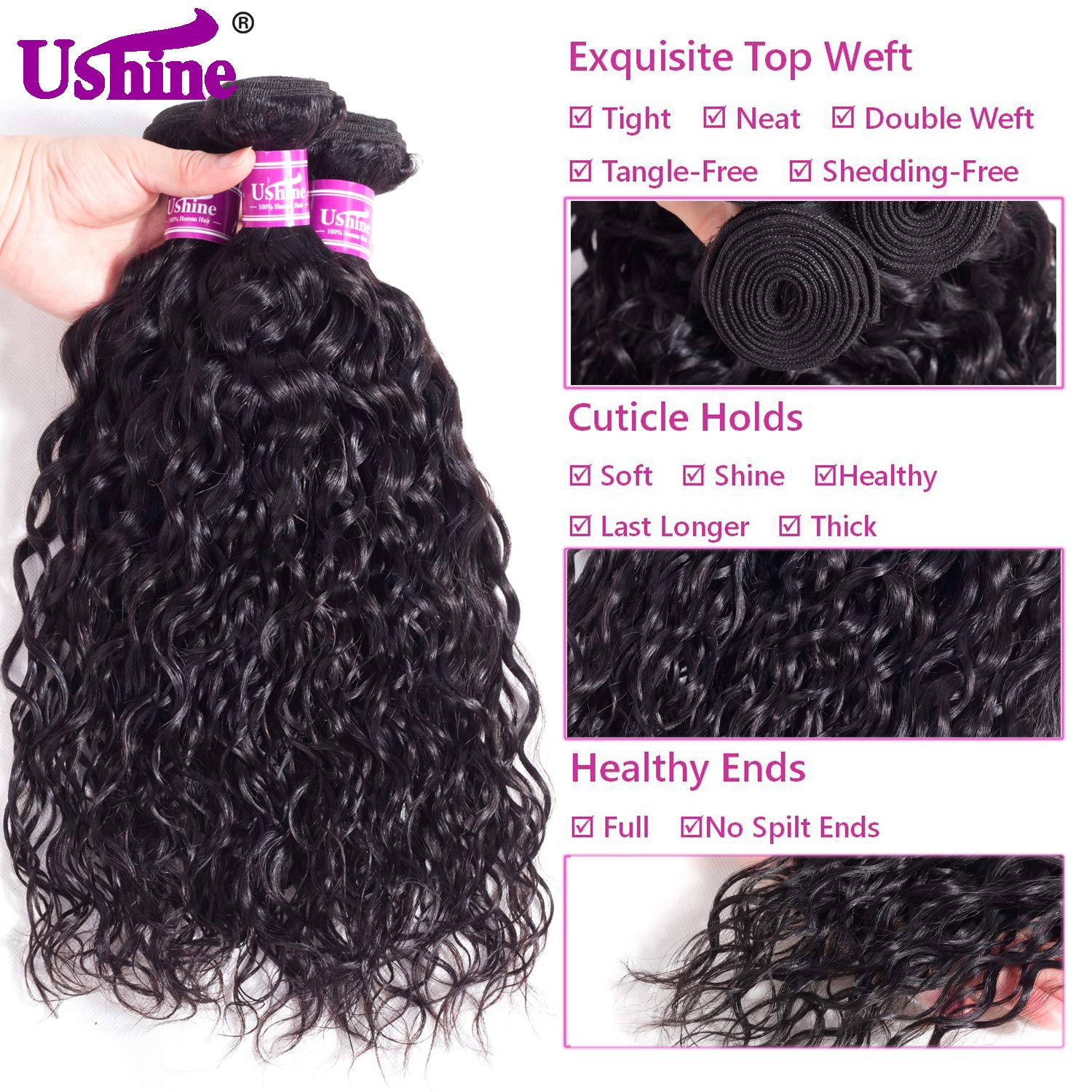 8A Grade Brazilian Virgin Hair Bundles 24 22 20 Inch - Wet & Wavy Unprocessed Human Hair Weave for Water Wave Hairstyles | Natural Black Color | Perfect for Daily Wear, Parties & Special Occasions