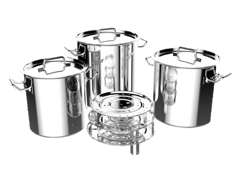 3-Piece Large Stainless Steel Stock Pot Set with Steamer - 60, 80 & 100 Quart Tamalera Pots for Tamales, Soups & Bulk Cooking - Perfect for Restaurants, Catering & Family Gatherings