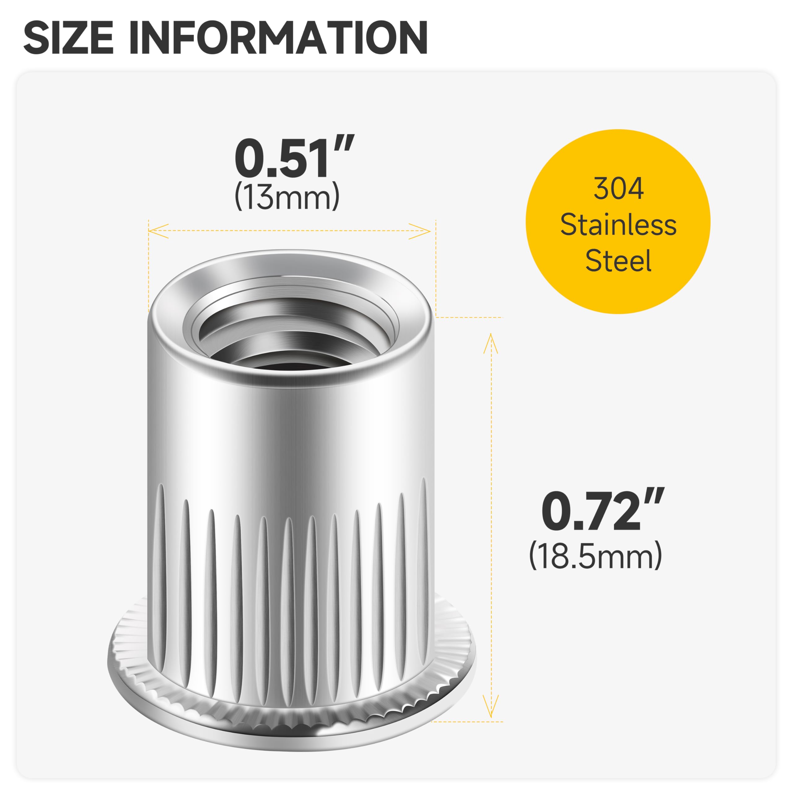 50Pcs 3/8-16 Rivet Nuts, 304 Stainless Steel Flat Head Threaded Inserts - Knurled Body for Secure Metal Fastening - Perfect for Automotive, Furniture & DIY Projects
