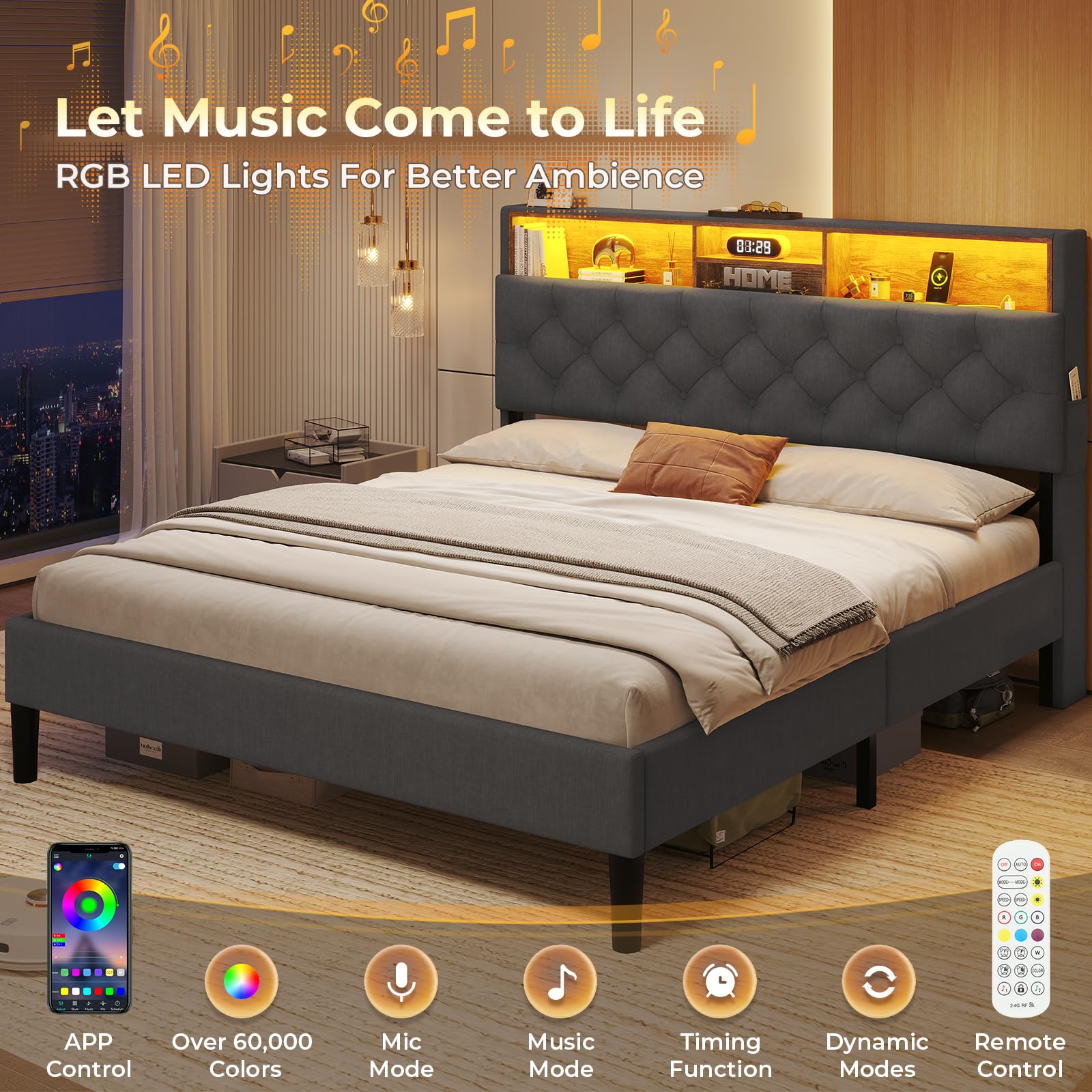 ADORNEVE Queen Size Bed Frame with LED Lights Headboard - Modern Platform Bed with Storage Shelves & USB Charging Station, Easy Assembly, Dark Grey - Perfect for Small Bedrooms, Guest Rooms & Dorm Rooms