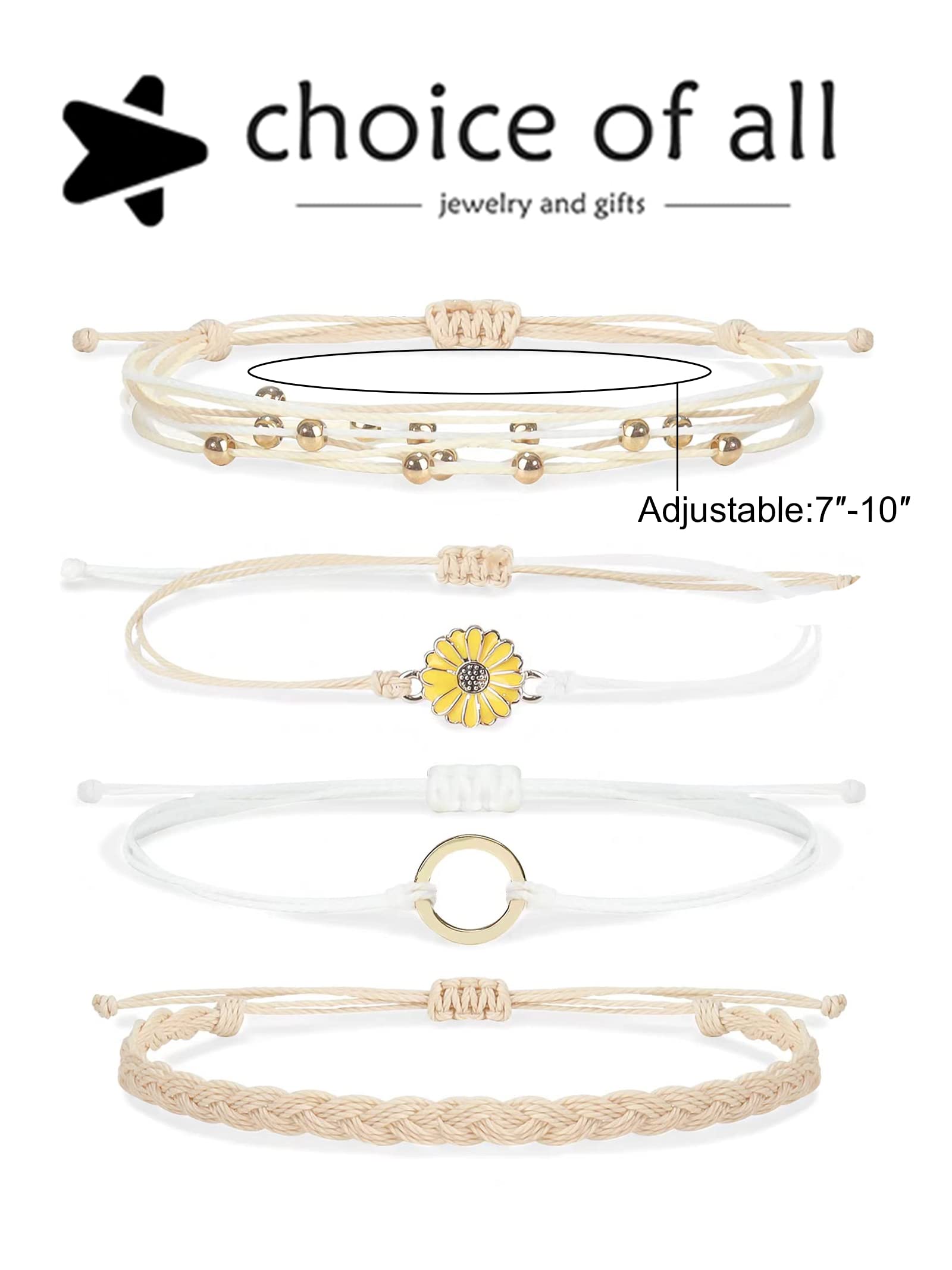 Blue Friendship Bracelets for Women - Adjustable Boho Bracelets with Sunflower Charm, Cute Stackable Surfer Beach Bracelets - Perfect Summer Essentials & Stocking Stuffers for Best Friends, Gifts for Her