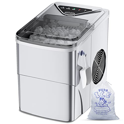 Portable Electric Countertop Ice Maker Machine - Self-Cleaning, 9 Cubes in 6 Minutes, 26lbs/24Hrs - Includes Ice Bags & Scoop Basket - Perfect for Home Kitchen, Office, Bar, Parties & Outdoor Events (Silver)