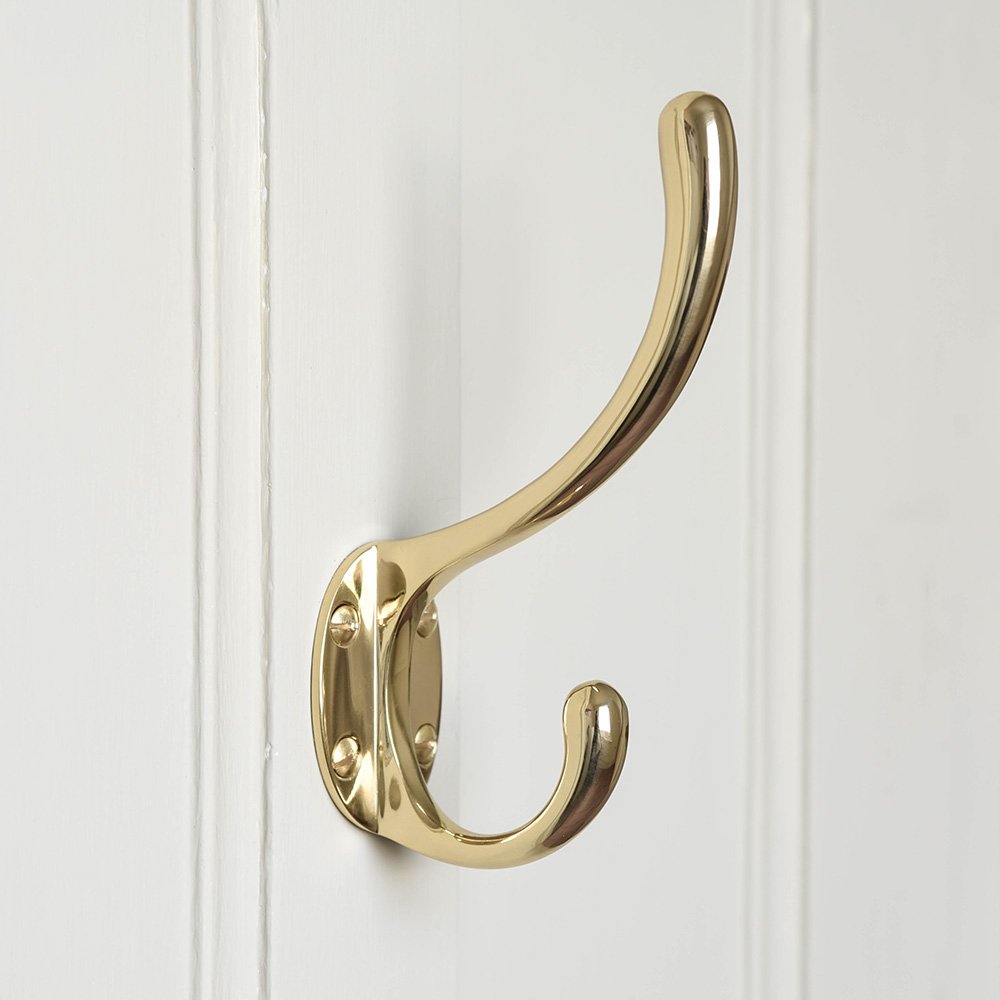 Polished Brass Double Hat & Coat Hook - Heavy Duty Large Wall Mounted Hooks for Entryway, Bathroom & Bedroom Organization