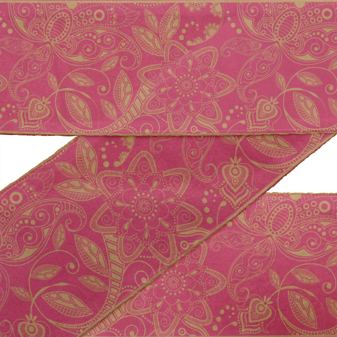 IBA Indianbeautifulart Pink Leaves & Floral Printed Velvet Ribbon Trim - 9 Yards, 3 Inches Wide - Premium Craft Lace for Sewing, DIY Projects, Gift Wrapping & Home Decor