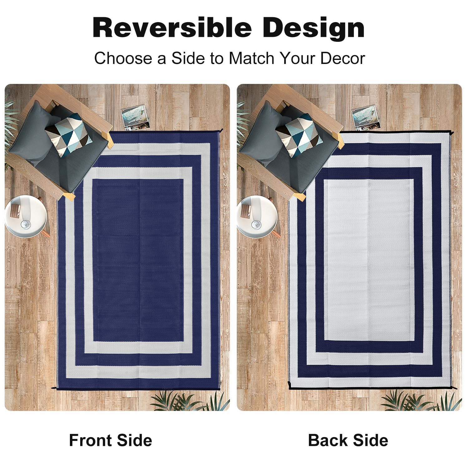 Waterproof 9x12 ft Outdoor Reversible Rug - Durable Plastic Straw Patio Carpet for RV, Camping, Balcony, Picnic & Beach - Blue & White Design for All-Weather Use