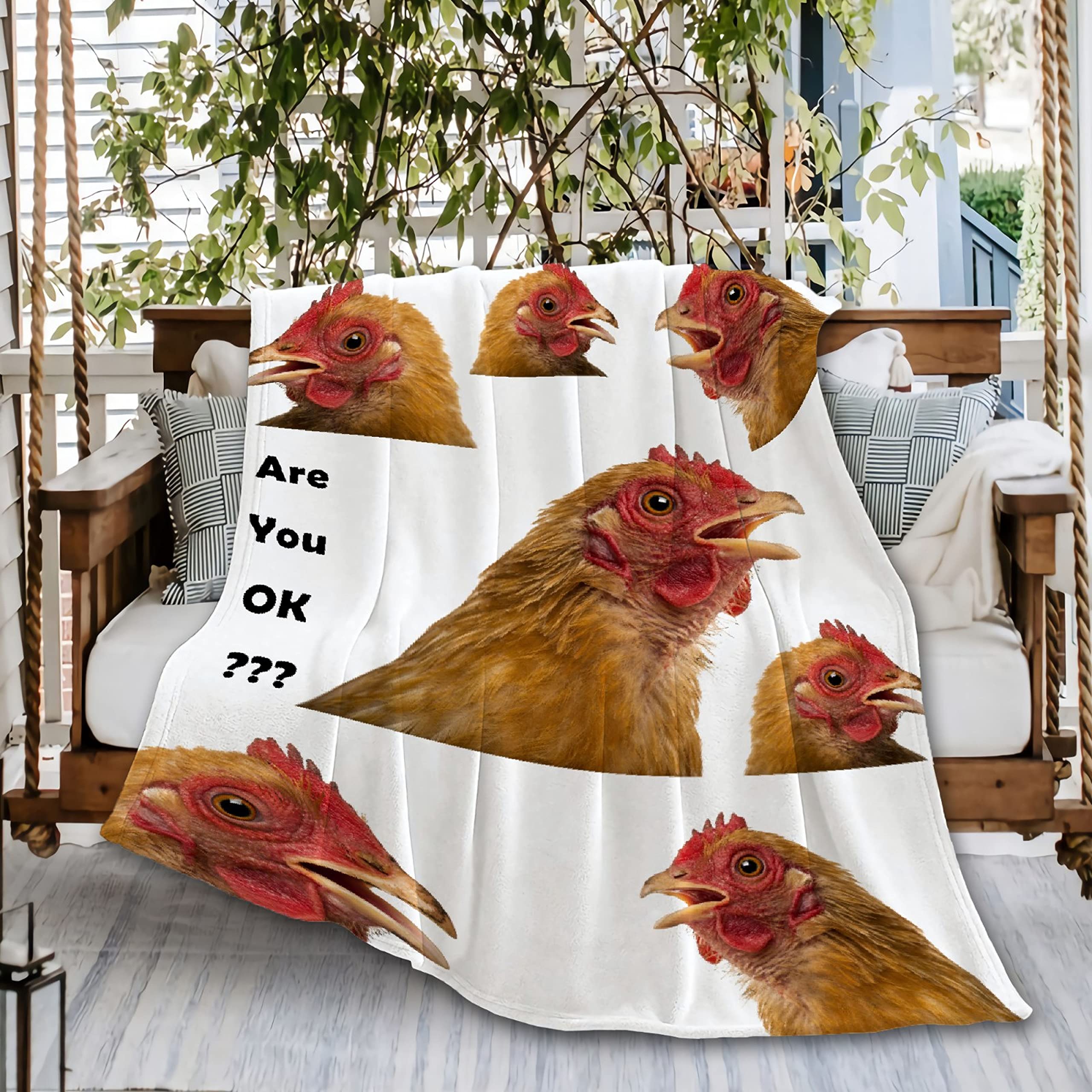 Ultra Soft Flannel Fleece Throw Blanket - Funny 'Are You OK?' Chicken Head Design | Microfiber Comfort Lightweight Blanket for Outdoor, Beach, Picnic, Couch & Travel | Extra Large 120x90 Inches (Overking Size) - Perfect for Family Movie Nights, Camping Trips and Cozy Home Decor