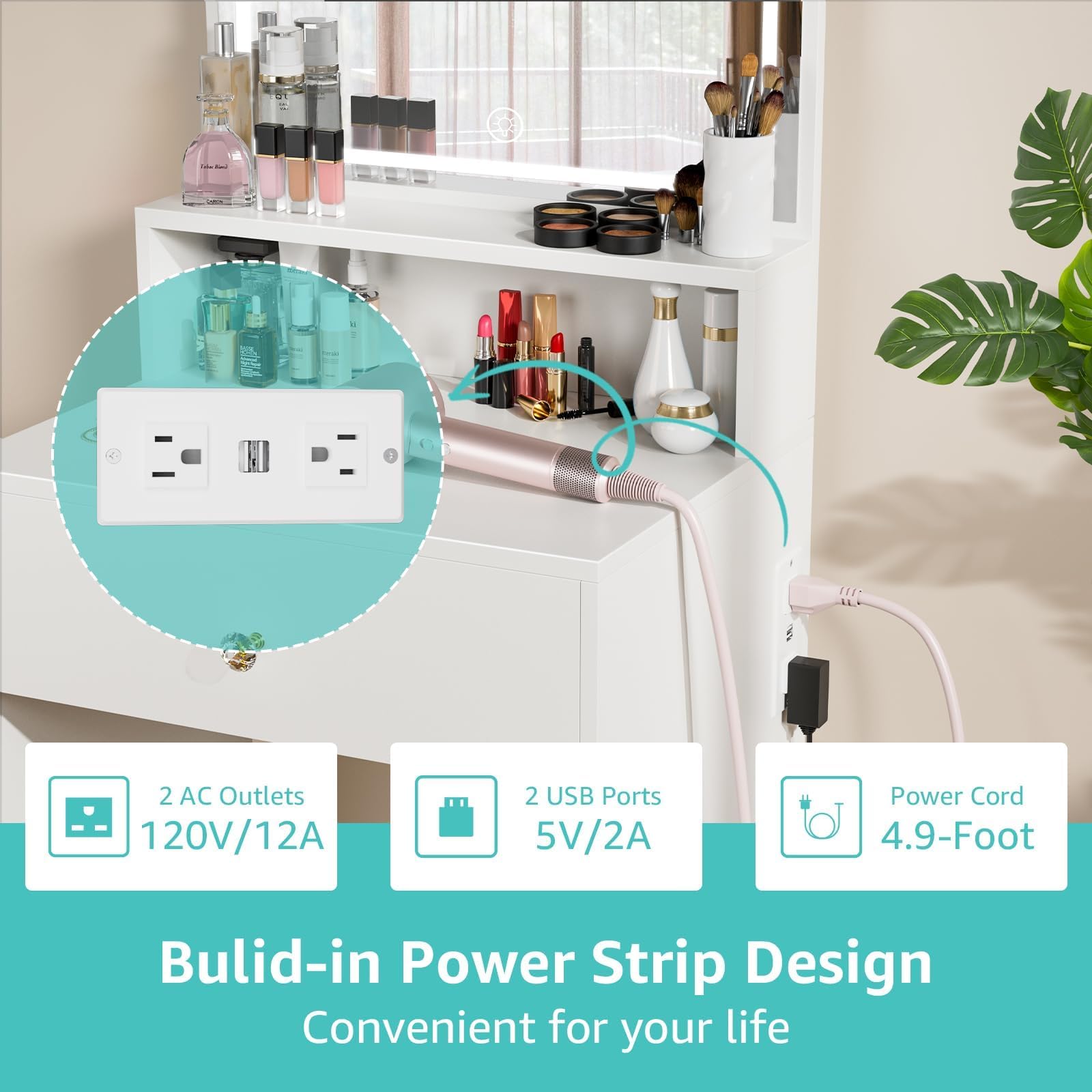 Small Vanity Desk with Mirror & LED Lights - Kids Makeup Vanity Table Set for Girls with Chair & Power Outlet, Compact Space-Saving Dressing Table for Bedroom, Perfect for Birthday Gifts & Princess Room Decor