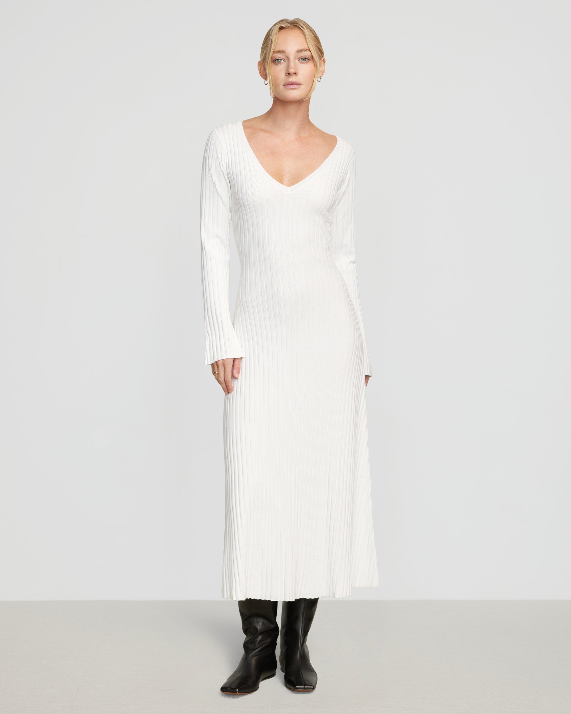 Wesley Ribbed V Neck Sweater Dress for Women - Soft Knit Slim Fit Long Sleeve Tunic Dress - Perfect for Office, Date Night & Fall Winter Outfits