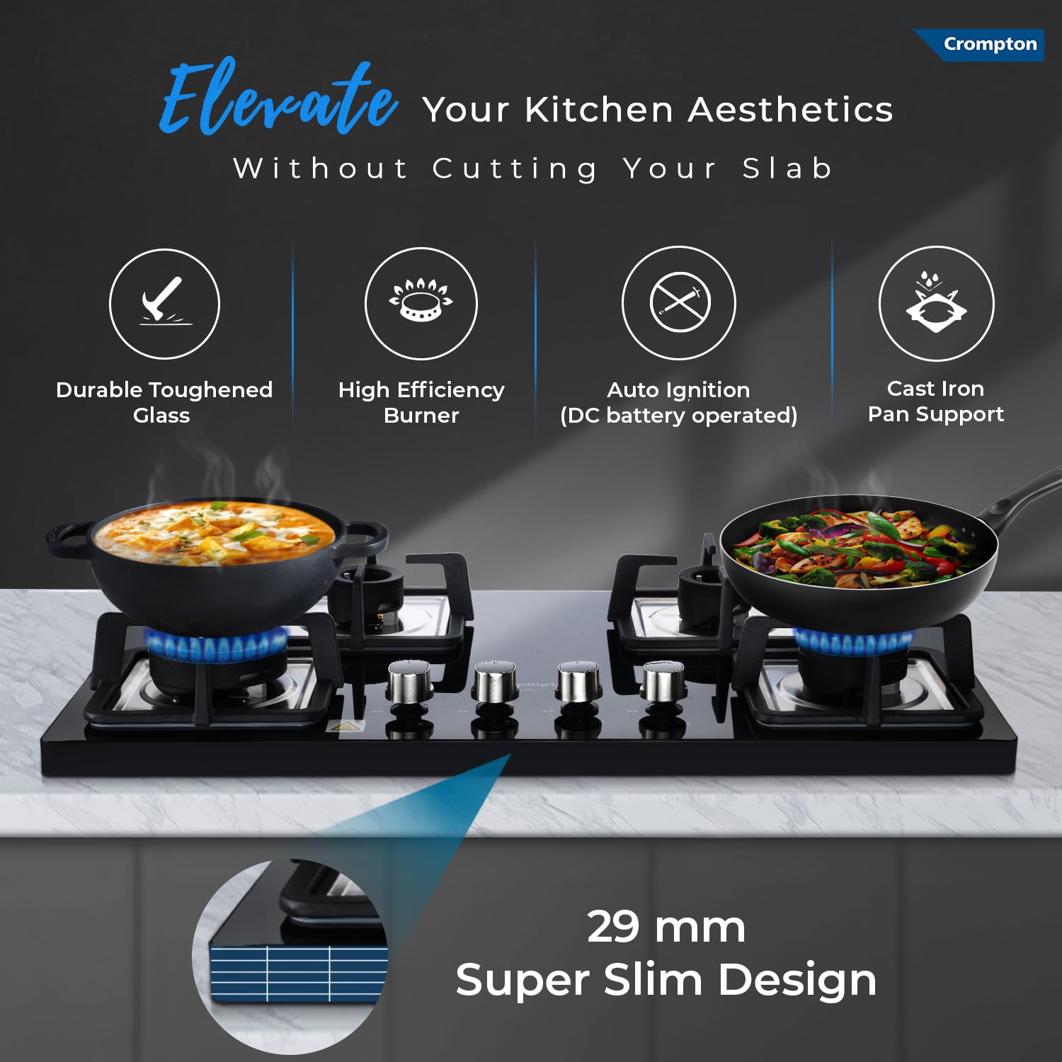 Crompton Superslim Hb TAB 30-inch 4-Burner Super Slim Gas Stove with Tempered Glass Top - Midnight Black | Compact Kitchen Solution for Small Spaces & Apartments | Durable & Stylish Cooking Hob