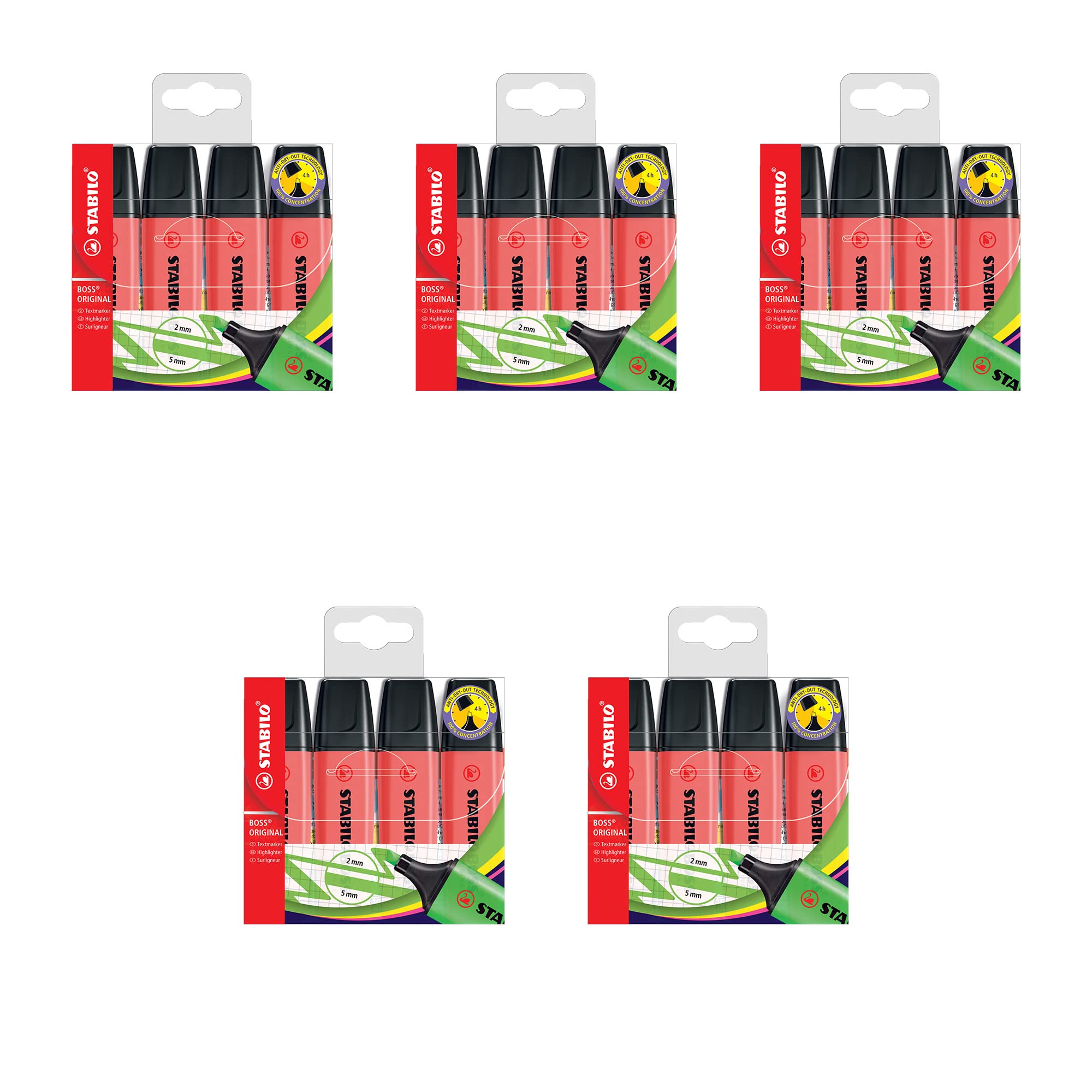 STABILO Boss Original Highlighter Pens - Set of 4 Refillable Red Markers for Office, School & Study Note Taking - 70/4-40 Chisel Tip Highlighters