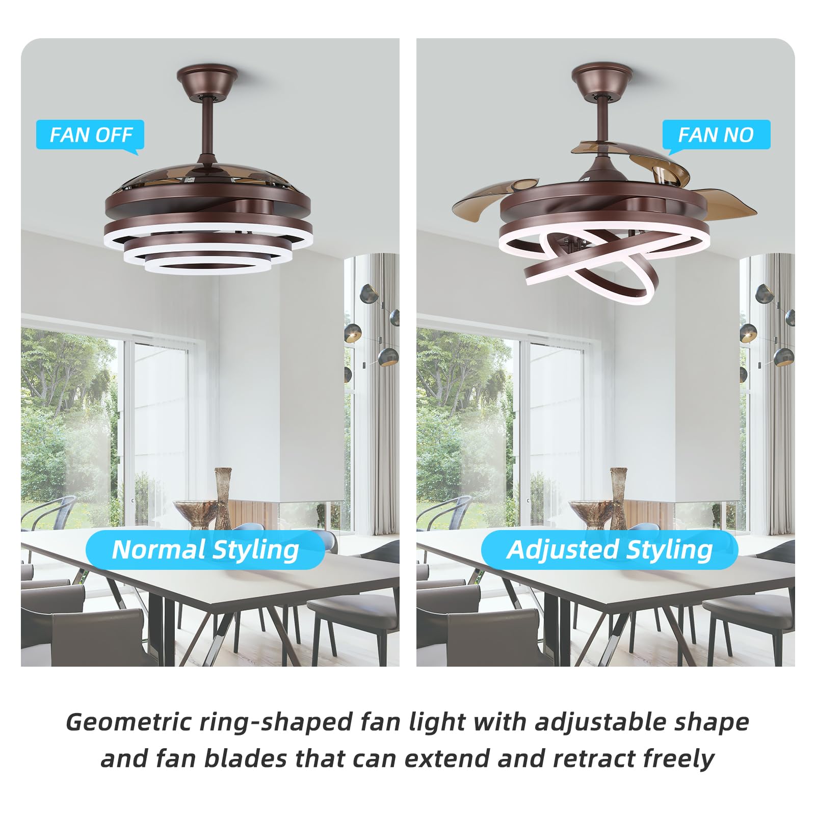42 Inch Retractable Ceiling Fan with Light - Dimmable Fandelier, Silent DC Motor, 6 Speed Settings, Brown Chandelier Style - Perfect for Bedroom, Living Room, Kitchen, Kids Room & Patio | Energy-Efficient Home Cooling & Decorative Lighting Solution