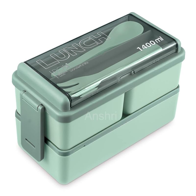 Anshri 3 Compartment Bento Lunch Box - 1400ml Leak Proof Microwave Safe Tiffin Container for Office, School, Travel - Ideal for Adults, Men, Women & Kids (Pistachio Green, Pack of 1) - Perfect for Meal Prep, Picnics & On-the-Go Dining