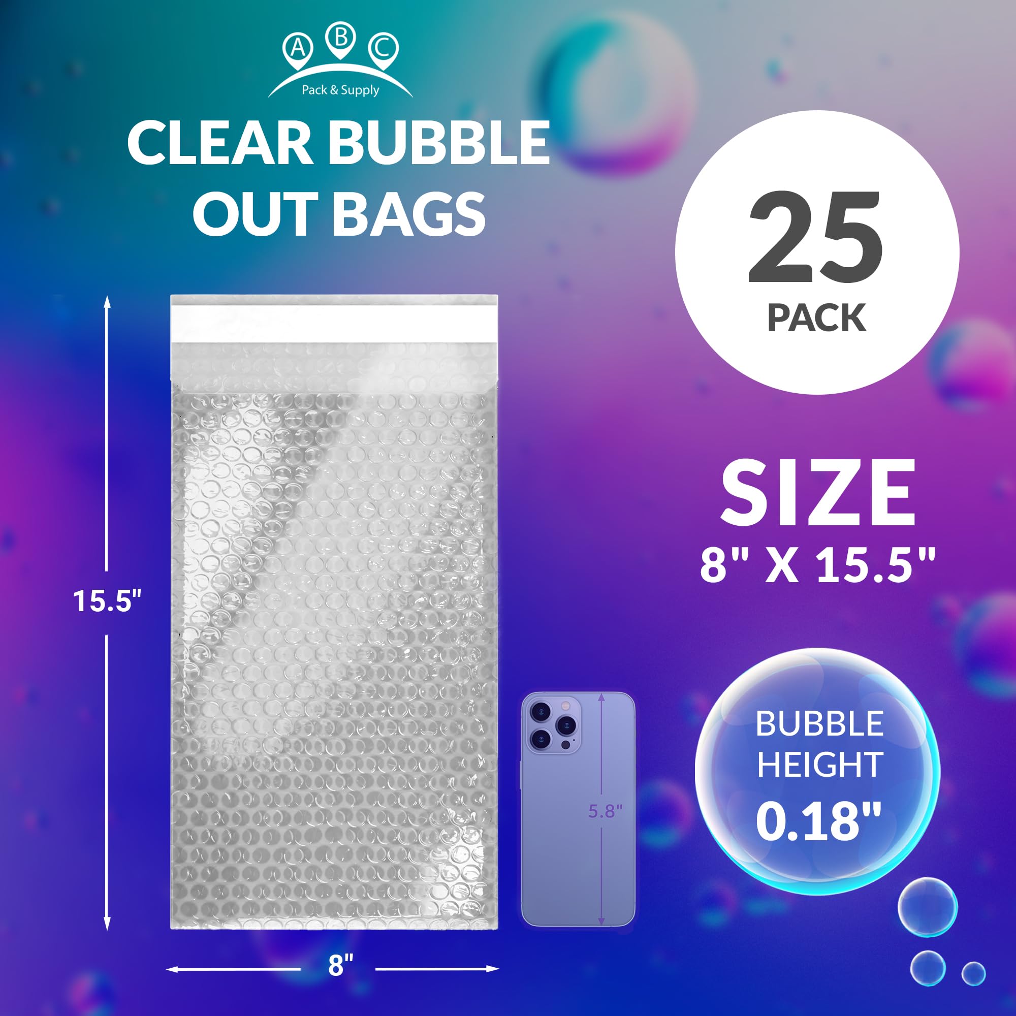 ABC Clear Bubble Mailers 8x15.5 Inches - Pack of 25 Self-Seal Polyethylene Padded Envelopes for Shipping, Packing & Protection | Perfect for Ecommerce, Small Business & Online Sellers | Bubble Cushioning for Fragile Items, Jewelry, Electronics & Documents