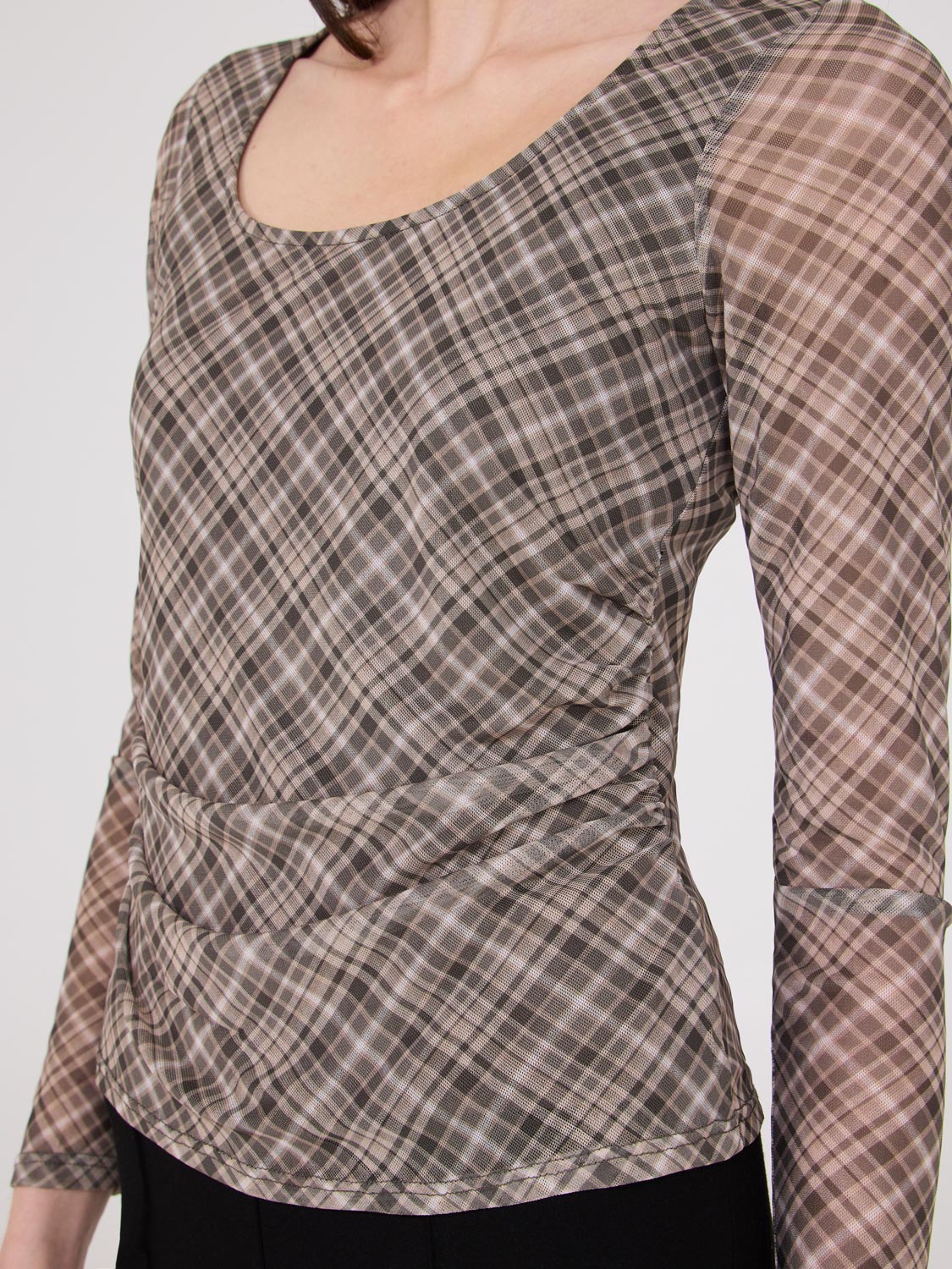 Plaid Scoop Neck Mesh Top for Women - Trendy Casual & Party Wear - Perfect for Date Nights, Outings & Layering