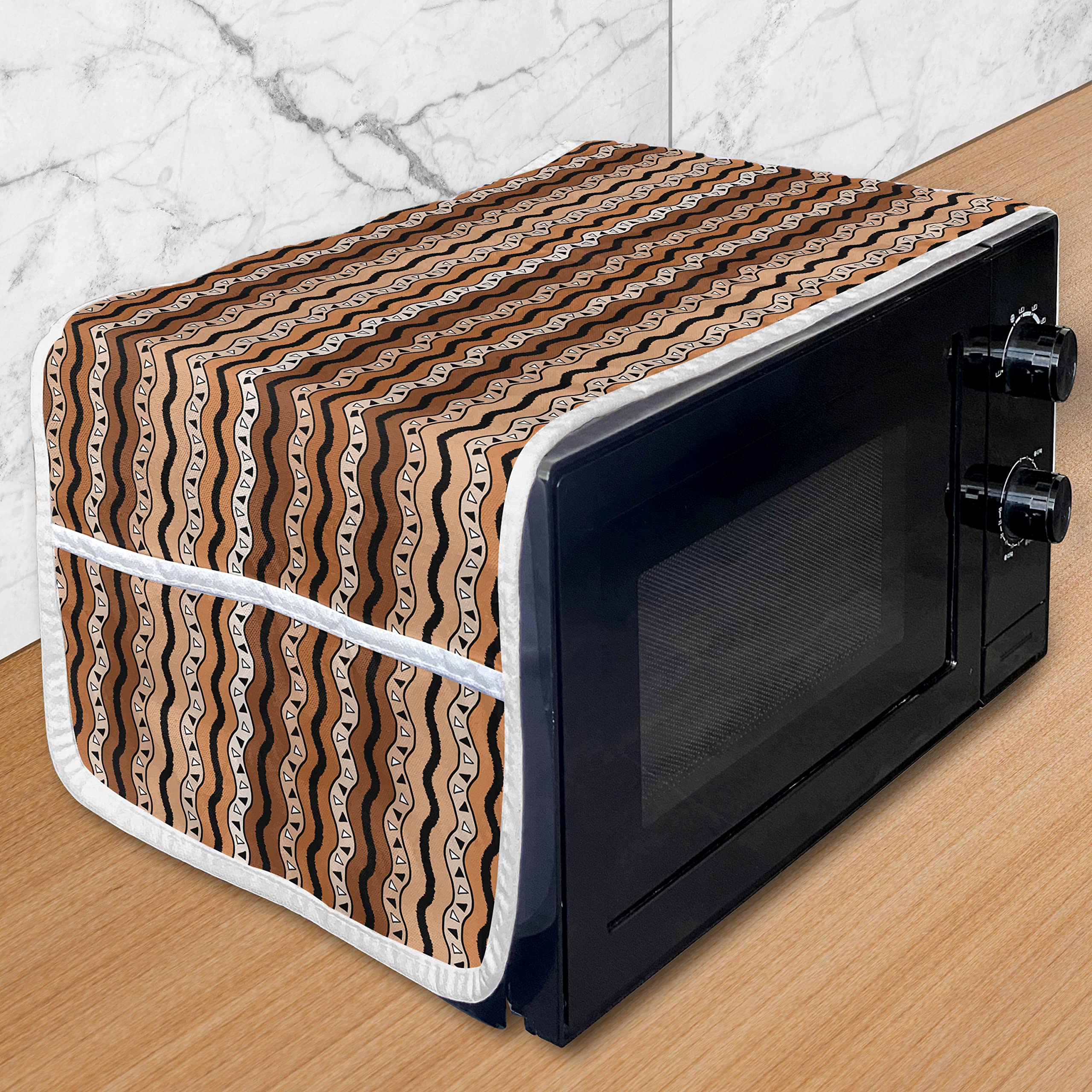 Ambesonne Zambia Microwave Oven Cover - Tribal Wavy Lines Geometric Triangles Kenyan Art Design - Waterproof Kitchen Organizer with Pockets - 36