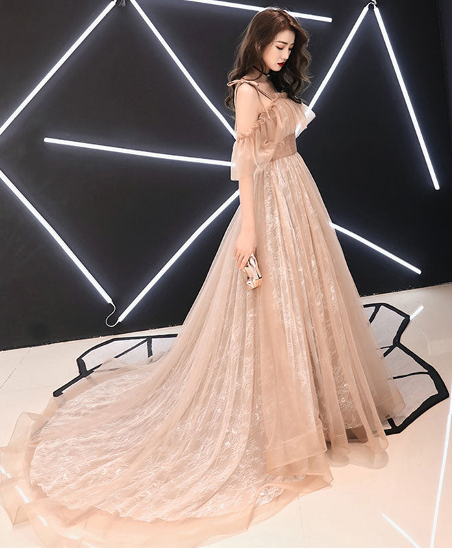 Elegant Champagne Tulle Lace Long Prom Dress for Women - Formal Evening Gown for Homecoming, Wedding, Quinceañera & Special Occasions