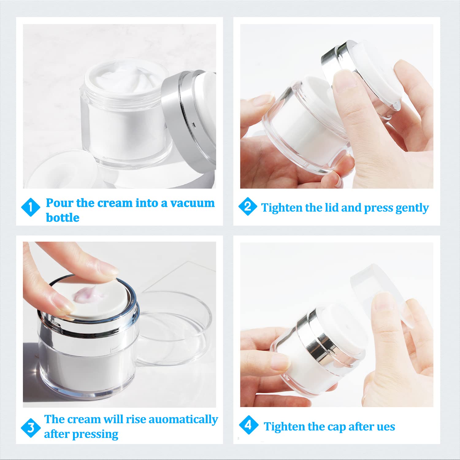 Airless Pump Bottles for Cosmetics - Refillable Travel Containers for Creams, Gels & Lotions with Spatula | Perfect for Skincare, Makeup & Toiletries On-The-Go