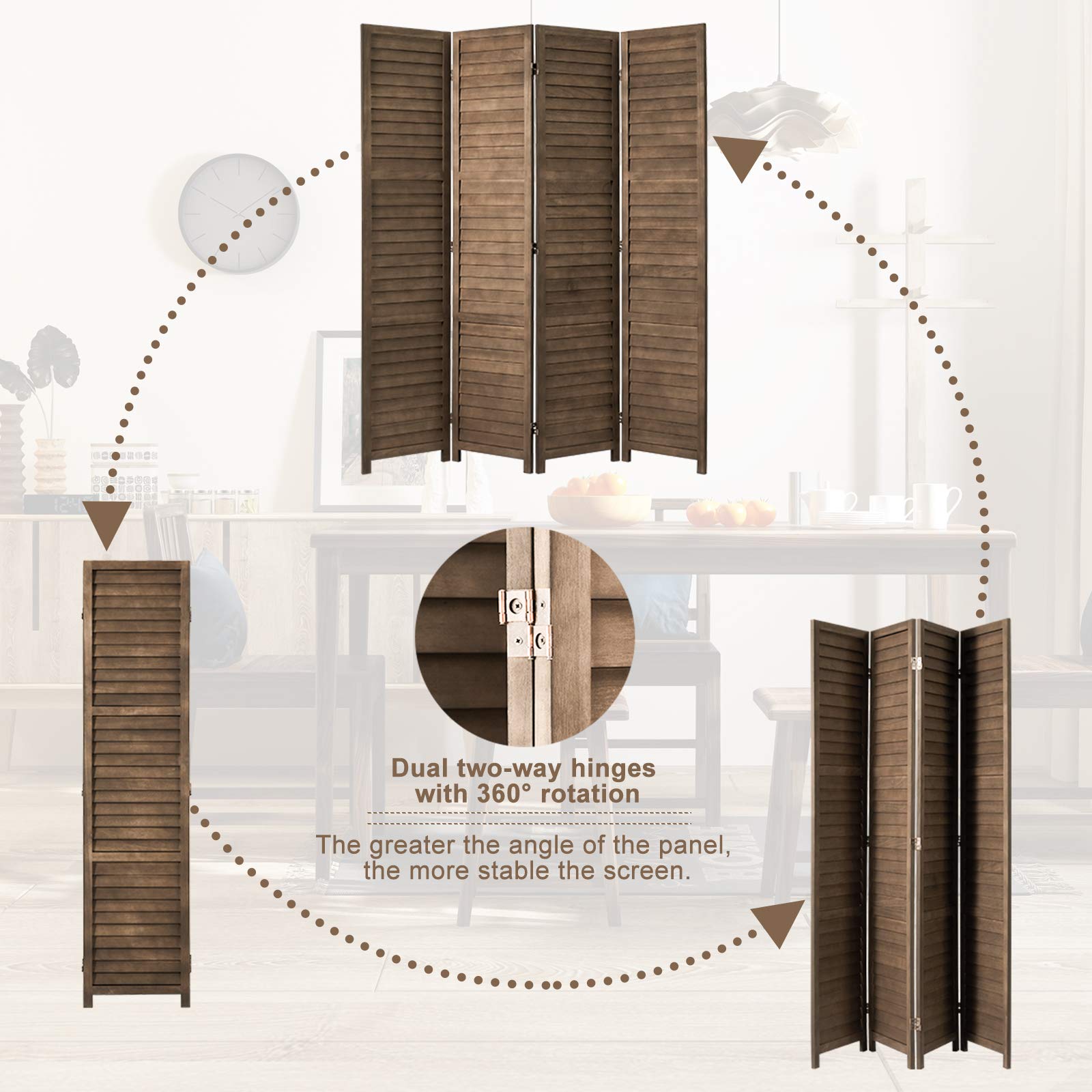 5.6 Ft Tall Wooden Room Divider - 4 Panel Freestanding Privacy Screen for Bedroom & Office - Space Partition Wall for Home Decor, Yoga Studio, and Event Setup