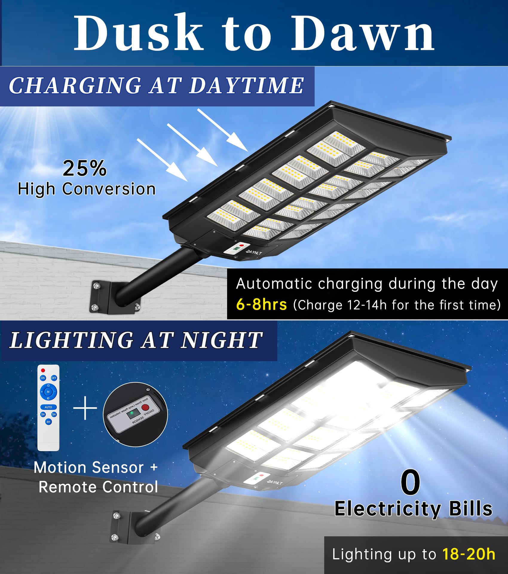 JAYNLT Y-6800W 600000LM Solar Street Lights Outdoor - 6500K Bright Commercial Parking Lot Lights with Motion Sensor & Dusk to Dawn, Waterproof Solar Lamp for Yards, Driveways, Pathways, and Garden Security Lighting