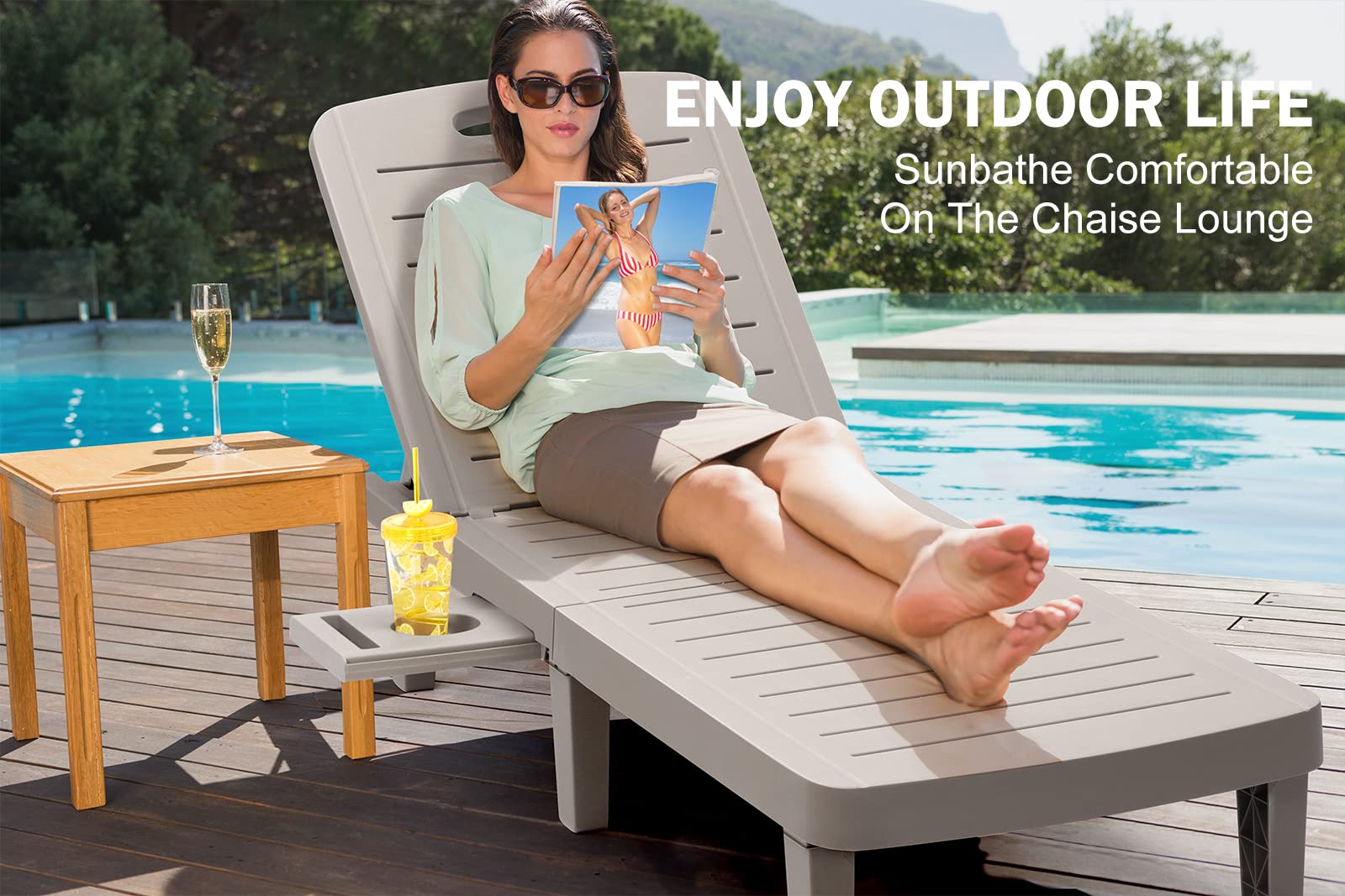 **Outdoor Chaise Lounge Chair - Waterproof Resin Adjustable 5-Position Sun Lounger with Cup Holder for Patio, Poolside, Beach & Yard - All-Weather Grey (1PCS) - Perfect for Relaxing, Sunbathing & Lounging**