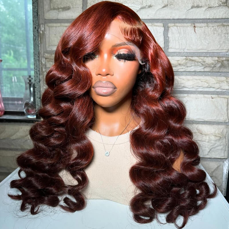 Eullair Ombre Light Copper Red Brown Pre-Colored Human Hair Wig - Glueless Lace Frontal Wig with Loose Deep Wave (EW002) for Cosplay, Daily Wear & Special Occasions