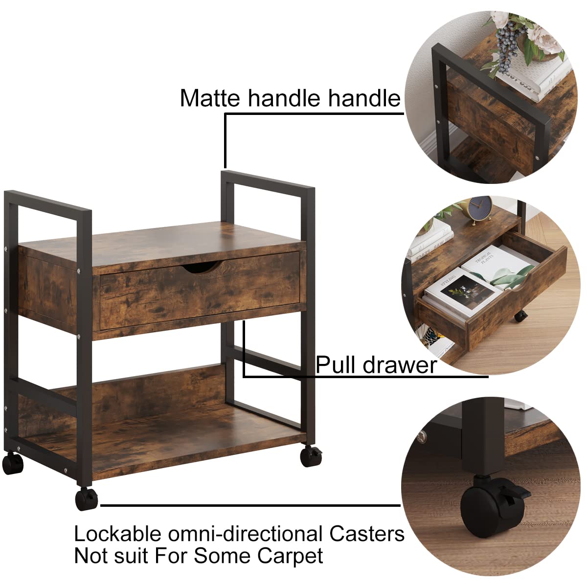 TigerDad Mobile Printer Stand with Storage Drawer & Wheels - Adjustable Utility Cart, File Cabinet & Workspace Organizer for Home Office - Perfect for Small Spaces & Office Organization