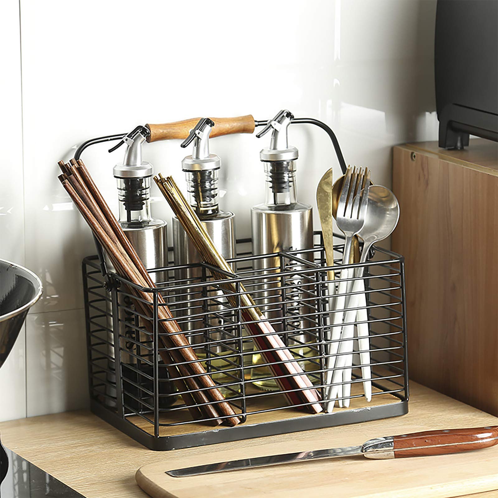 VANRA Metal Flatware Caddy with Wood Handle - Kitchen Utensil Holder, Condiment Organizer & Storage Basket - Black | Perfect for Countertop, Dining Table, and Restaurant Organization