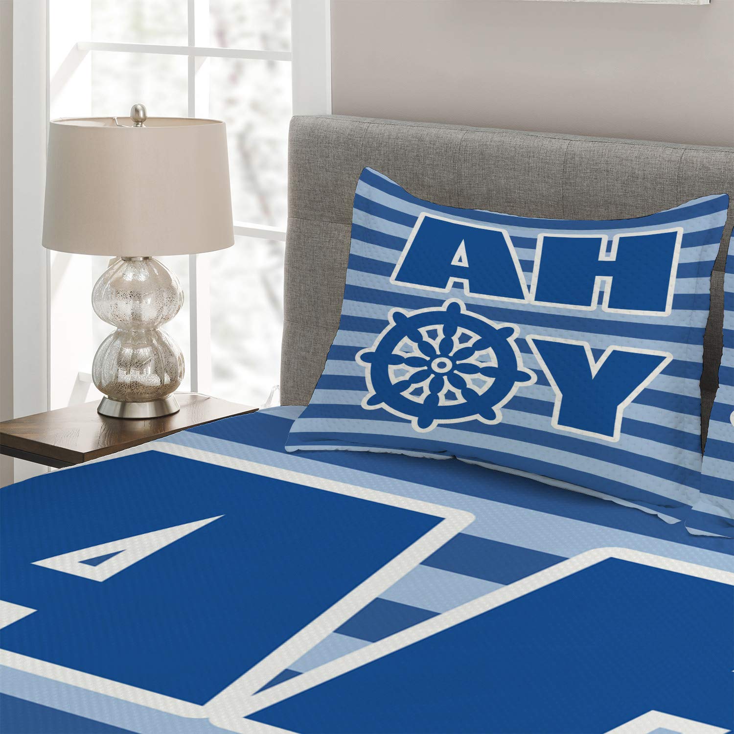 Ambesonne Nautical Wheel Striped 3-Piece Quilted Bedspread Set - King Size Pale Blue White Blue, Modern Simplistic Design for Reveal Party & Coastal Bedroom Decor
