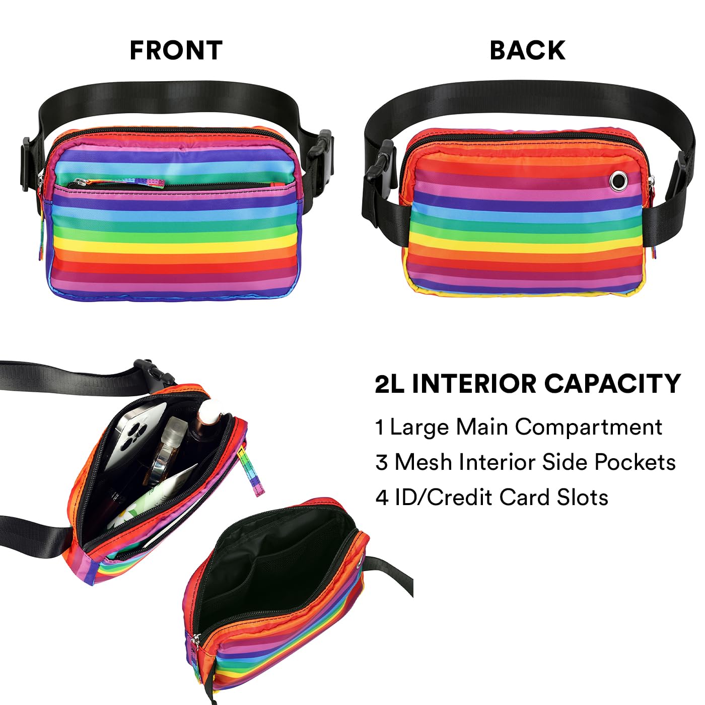 HDE 2L Fanny Pack Cross Body Bag with Adjustable Strap - Rainbow Stripe Waist Pack for Travel, Running, Hiking & Outdoor Activities