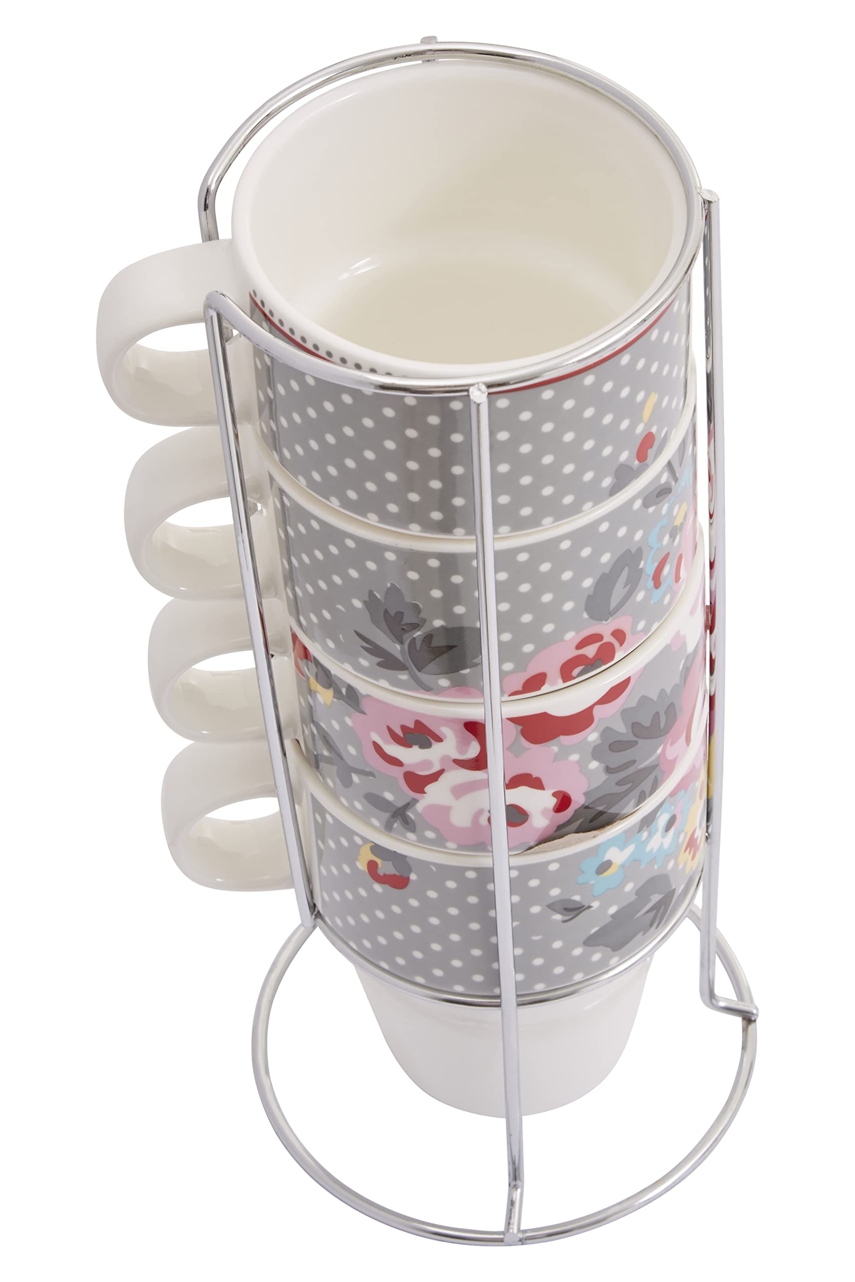 Premier Housewares 4-Piece 330ml Espresso Coffee Cups Set - Bone China with Chrome Stacking Mug Holder (10.5x11x8.5cm Each, 25x11x11cm Stand) - Perfect for Home, Café & Office Use