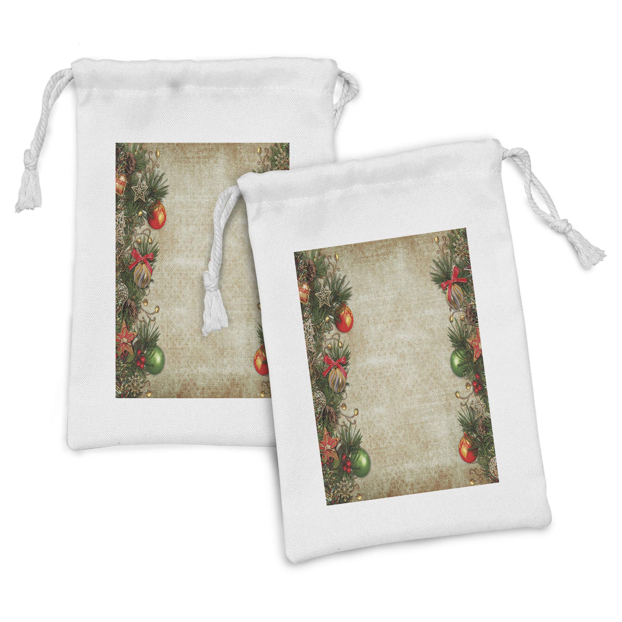 Ambesonne Christmas Fabric Pouch Set of 2 - Vintage Holiday Design Drawstring Bags for Toiletries, Masks & Party Favors (9