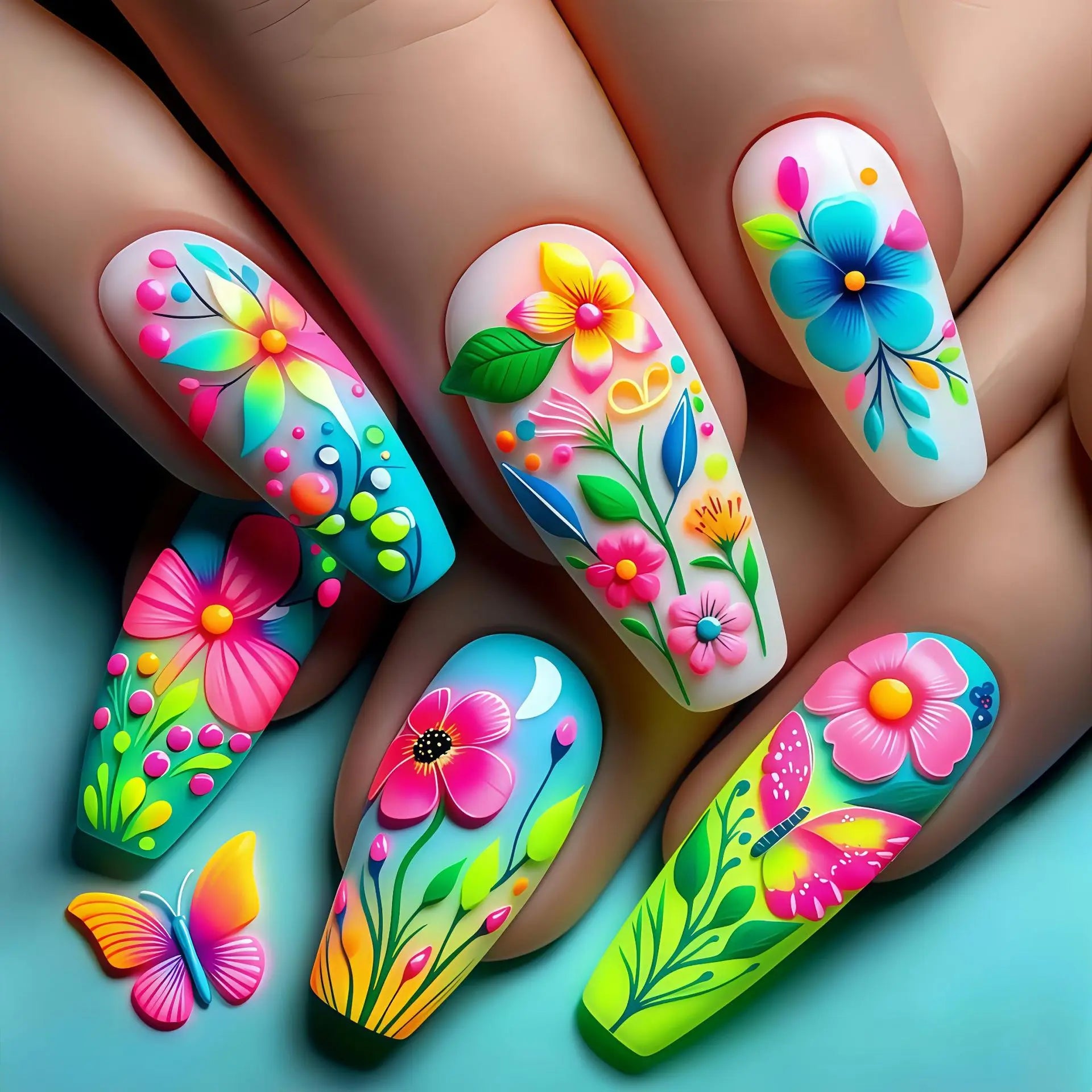 24Pcs Medium Length Ballet Fake Nails - Pink Gradient Spring Floral Sea Design Press on Nails, Acrylic Nail Tips for Manicure, Perfect for Parties, Weddings & Daily Wear