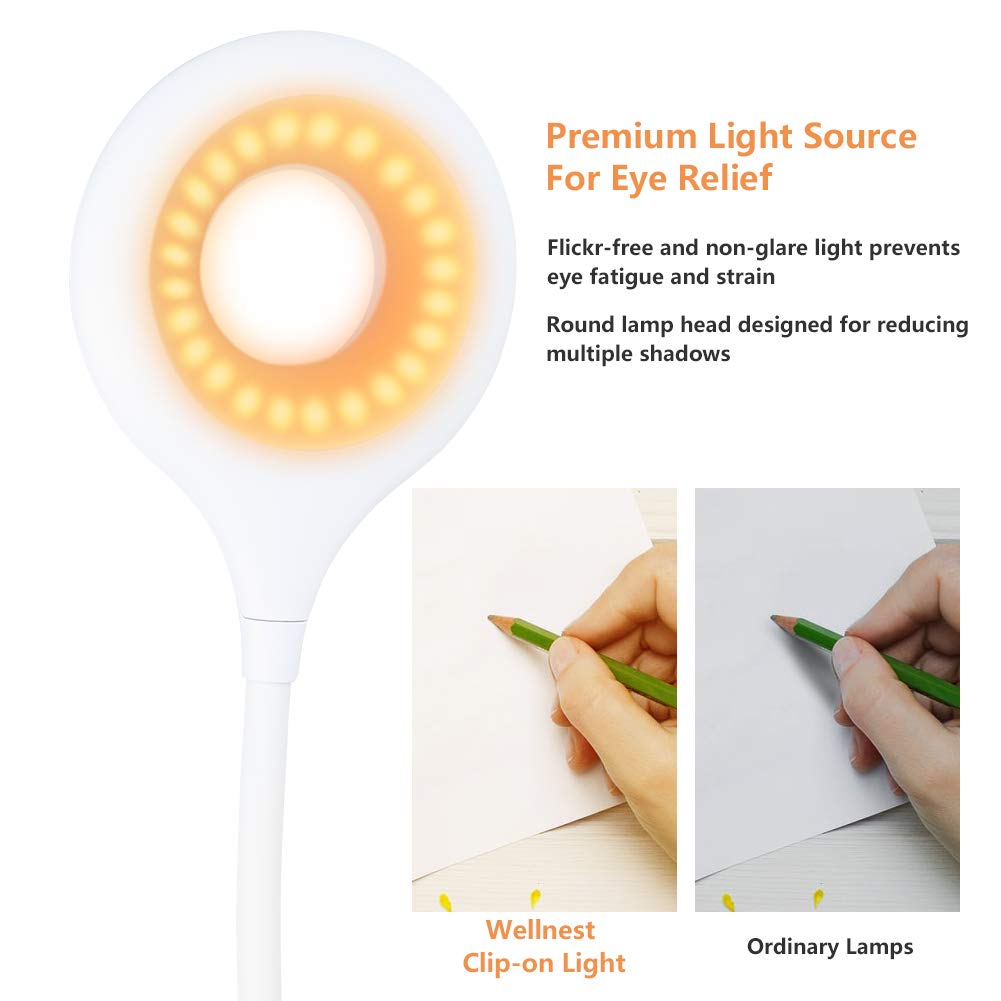 Rechargeable 16 LED Clip On Reading Light - Adjustable Amber Desk Lamp with 5 Brightness Levels & Touch Control | Dimmable Book Light for Bed Headboard, Nightstand & Gentle Night Reading (Perfect for Bedtime Stories, Studying & Cozy Reading)
