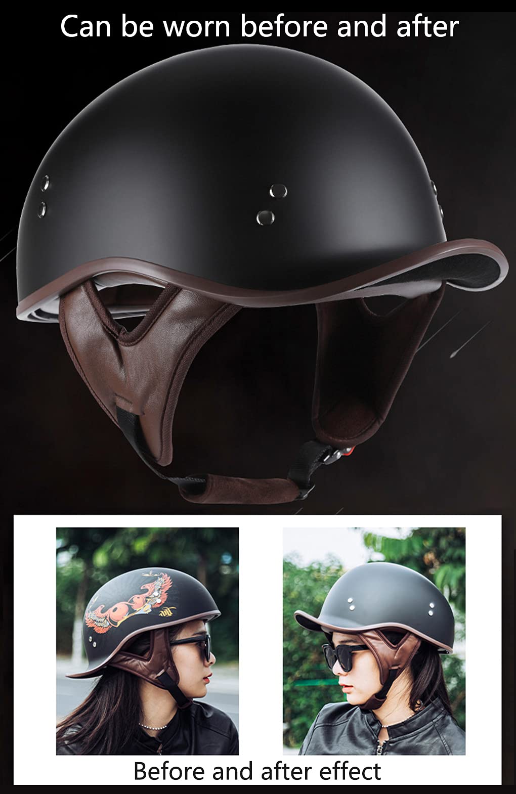 German Style DOT Approved Motorcycle Half Helmet for Men & Women - UV Visor, Vintage Skull Cap Design - Perfect for Scooter, Moped & Cruiser Riders - Ideal for Urban Commuting & Leisure Riding