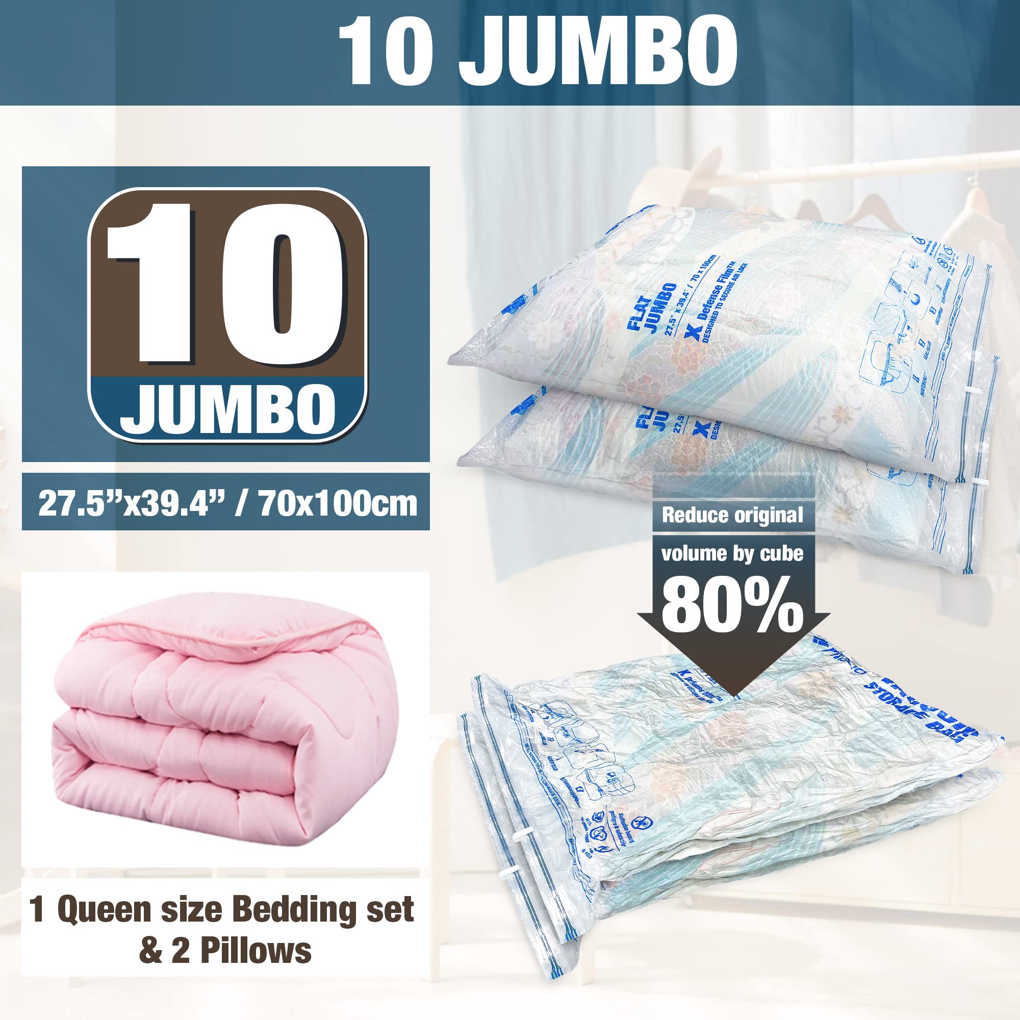 HiBAG Vacuum Storage Bags - 10 Jumbo Space Saver Bags for Clothes, Comforters & Blankets | Airtight Vacuum Sealer Bags for Bedding Storage & Space Organization | Perfect for Seasonal Storage, Moving & Travel