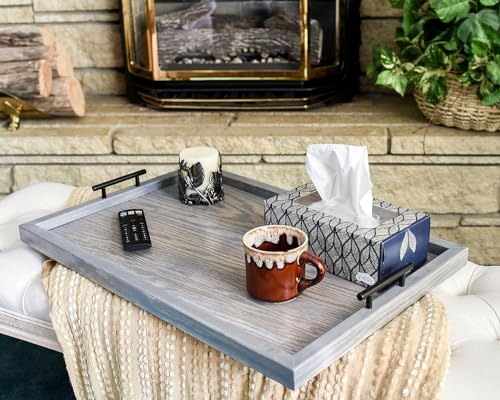 **Farmhouse Wood Ottoman Tray with Handles - 20