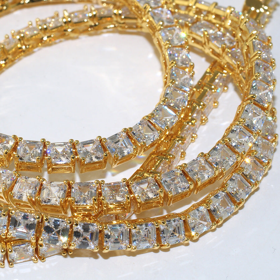 Exquisite Gold Plated Asscher Cut Lab-Created Tennis Chain Necklace for Men & Women - Perfect for Parties, Weddings & Special Occasions