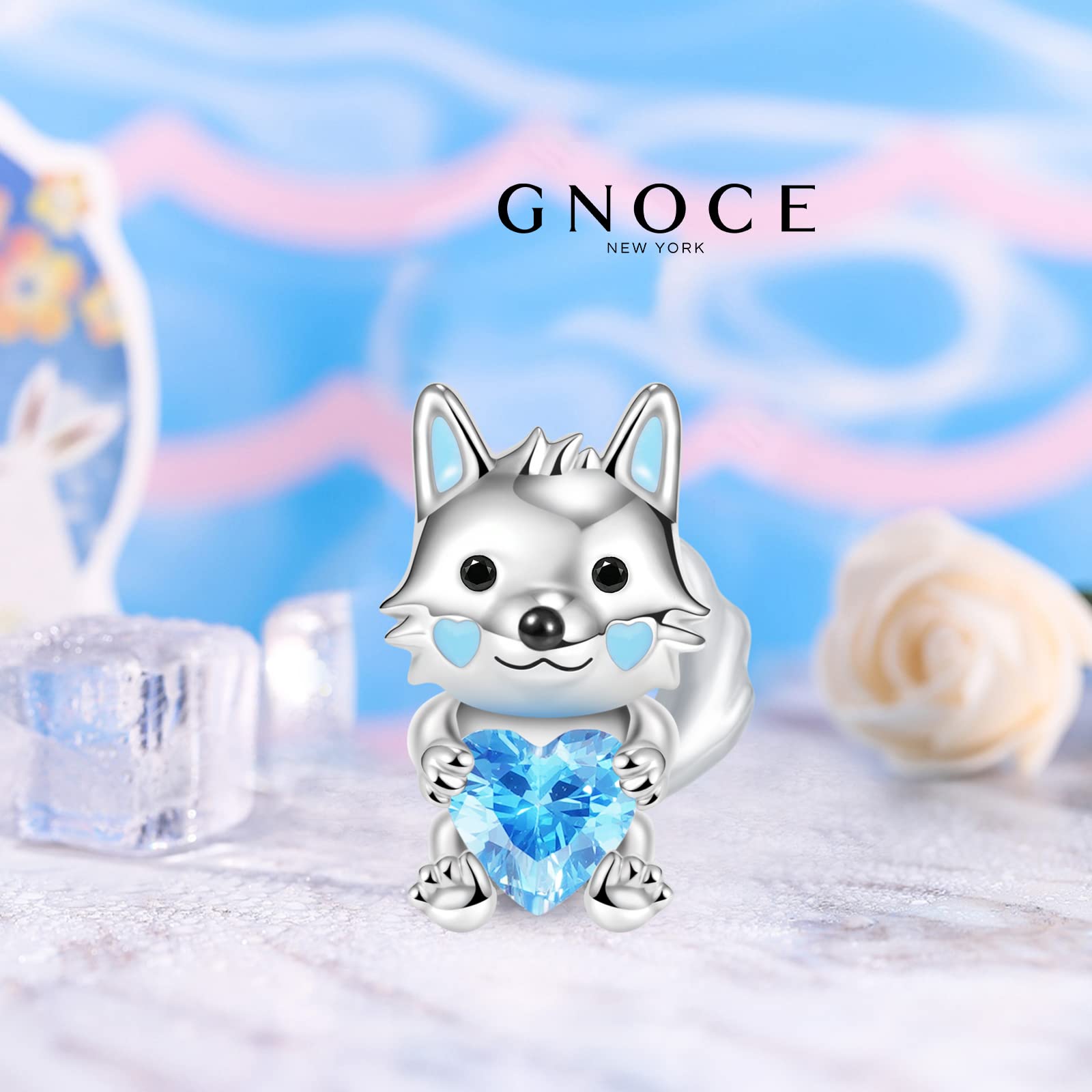 GNOCE 925 Sterling Silver Wolf & Fox Charm Beads with Heart Charms - Cute Animal Pendant for Snake Chain Bracelets & Necklaces - Gemstone Jewelry Gift for Women, Wife (Wolf 2) - Perfect for Valentine's Day, Anniversary & Everyday Wear