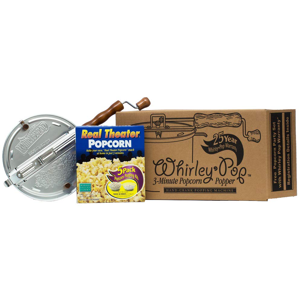 Original Whirley-Pop Popcorn Maker Starter Pack - Silver Metal Gear Stovetop Popper - Perfect for Movie Nights, Camping & Family Gatherings