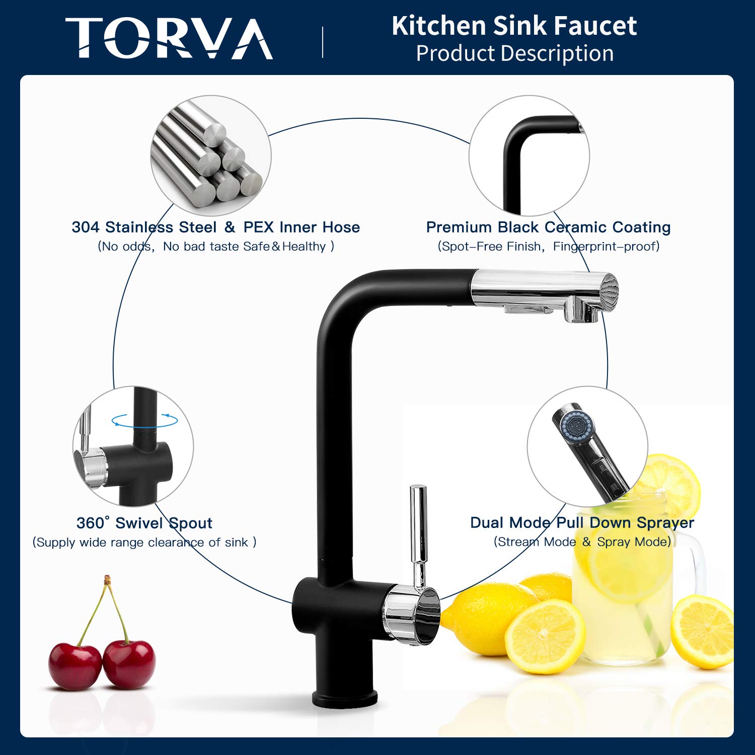 TORVA 14 x 14 Inch Undermount Bar Sink - Gloss Black Ceramic Coating with NanoTek Technology & Pull Down Kitchen Faucet | Perfect for Small Kitchens, Wet Bars, Coffee Stations & Outdoor BBQ Areas