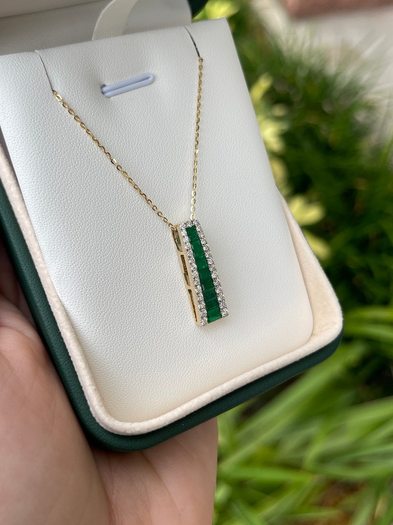 1.53tcw 14K Geometric Natural Baguette Channel Set Emerald & Brilliant Round Diamond Gold Pendant Necklace - Elegant Jewelry for Women, Perfect for Weddings, Anniversaries & Special Occasions